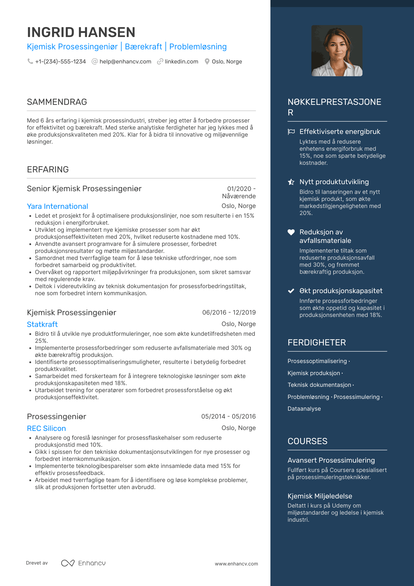 CV for Kjemisk Prosessingeniør Resume Example