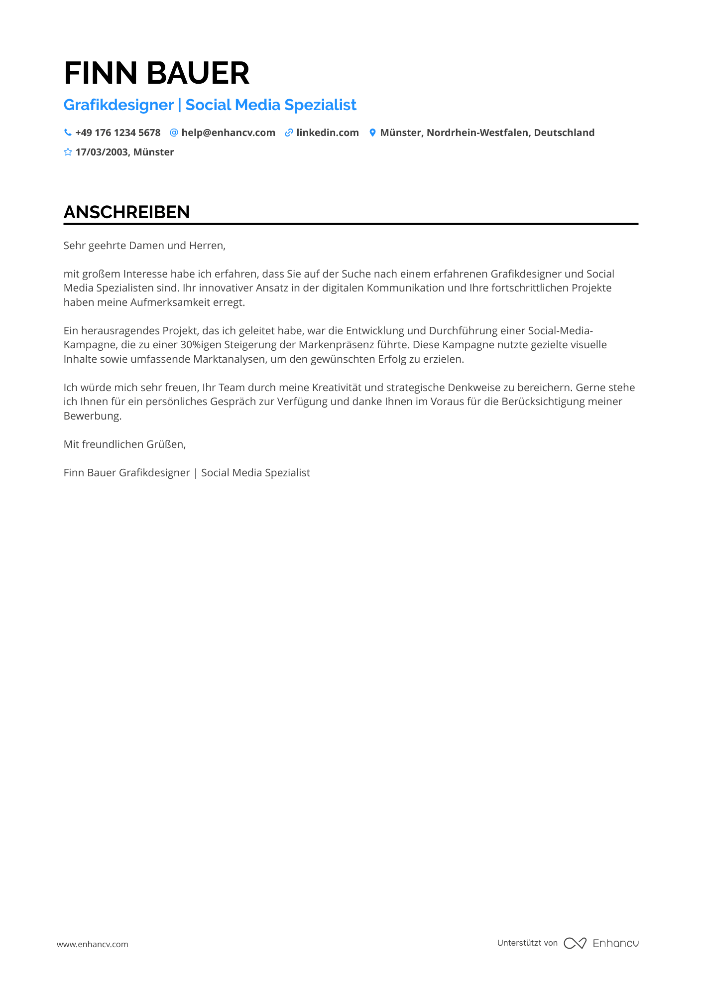 Grafikdesigner für Social Media Resume Example