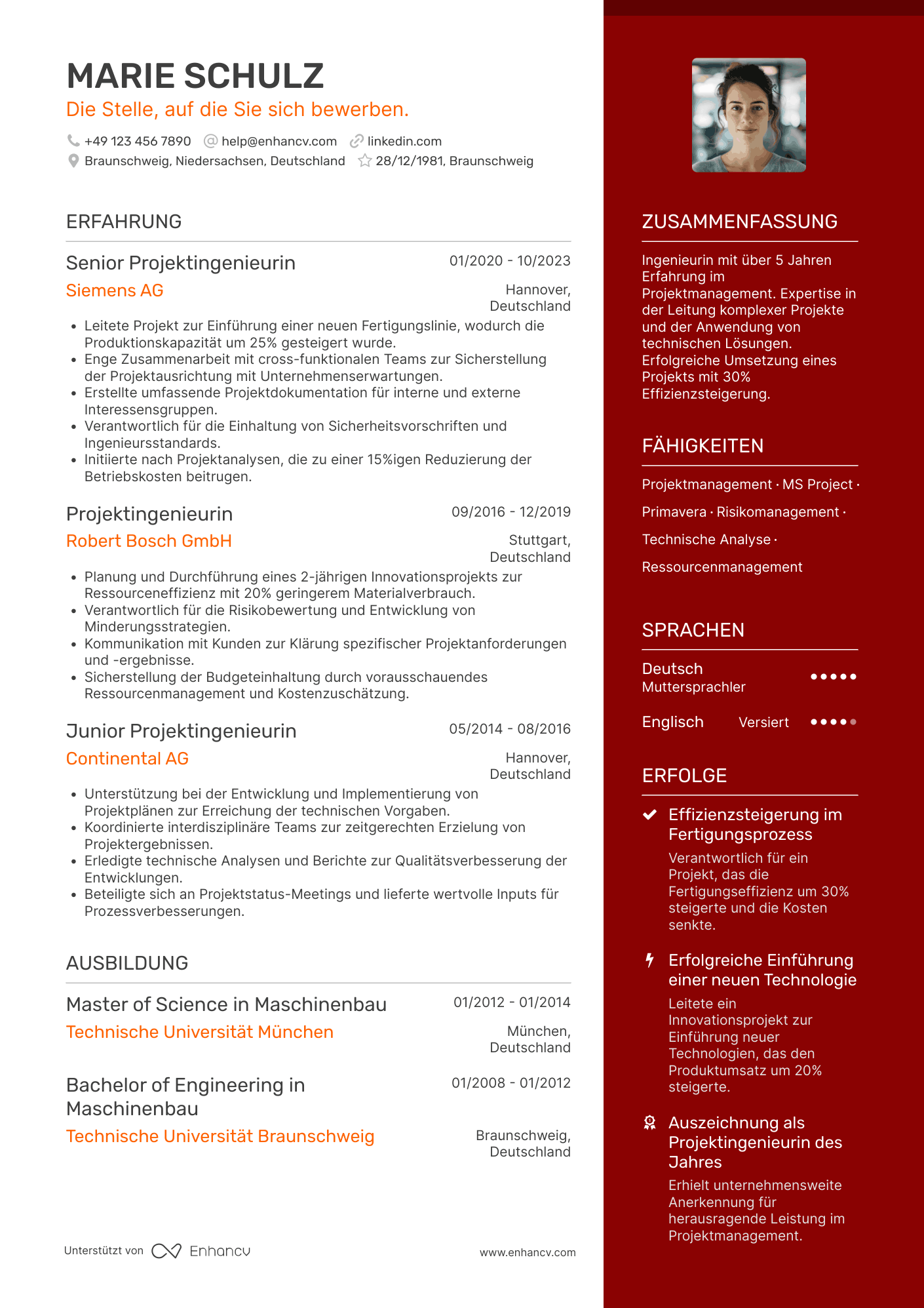 Lebenslauf als Ingenieur mit Projekterfahrung Resume Example