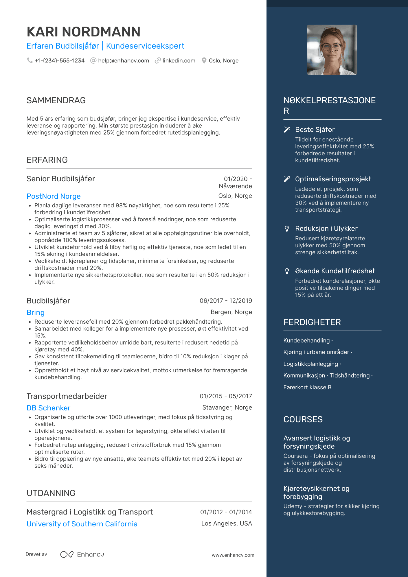 CV for Mid level Budbilsjåfør Resume Example