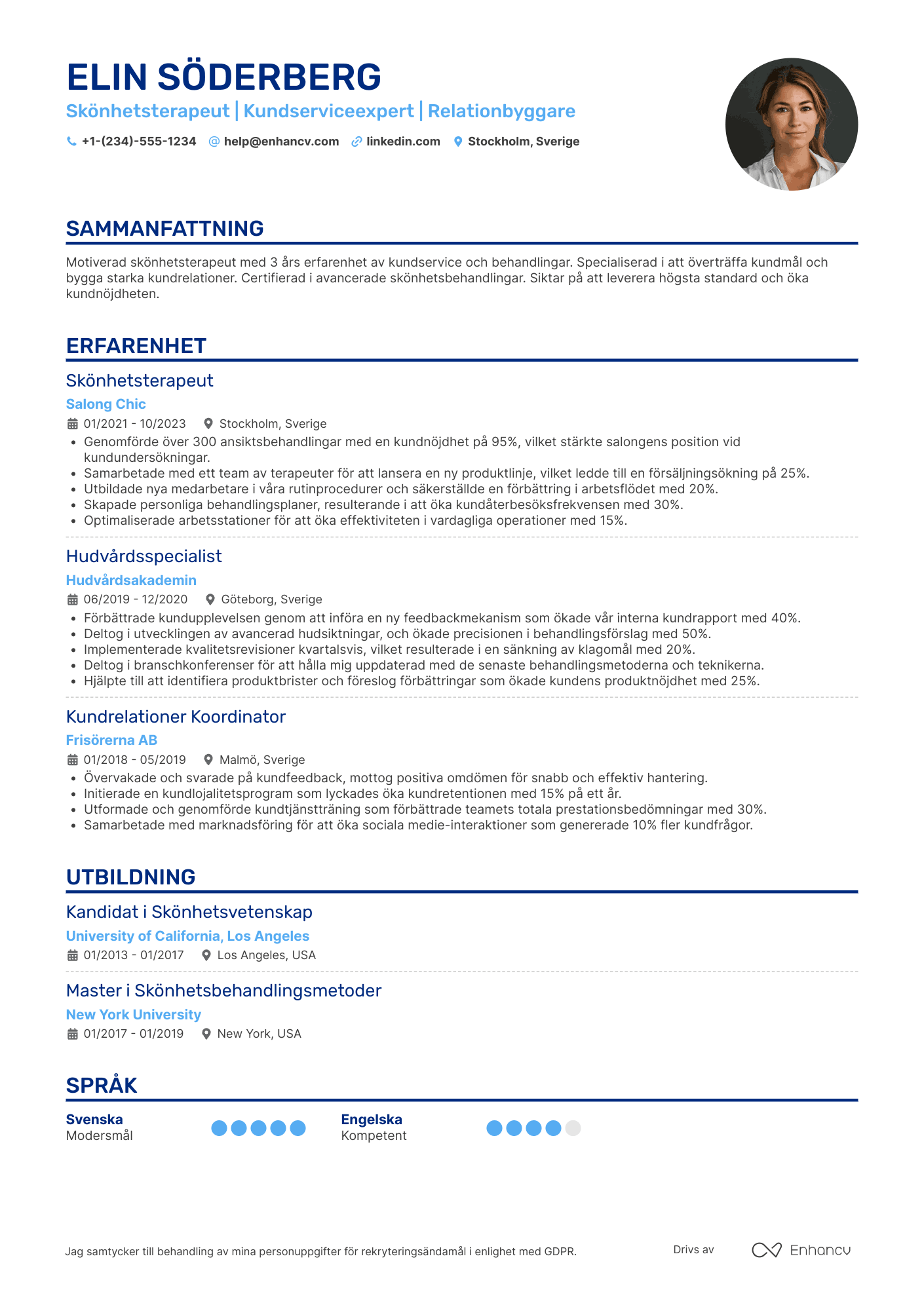 CV för Nyutbildad Skönhetsterapeut Resume Example
