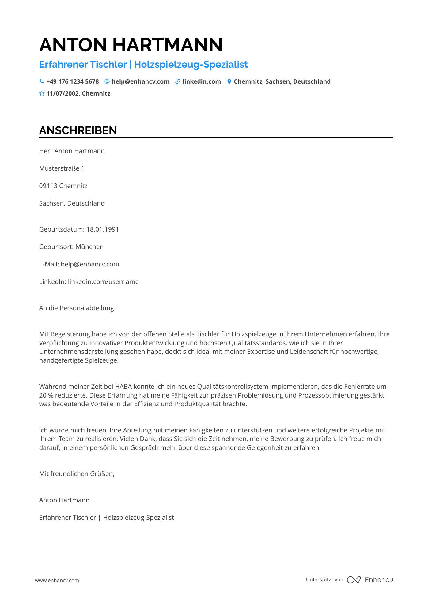Tischler in der Spielzeugindustrie Resume Example
