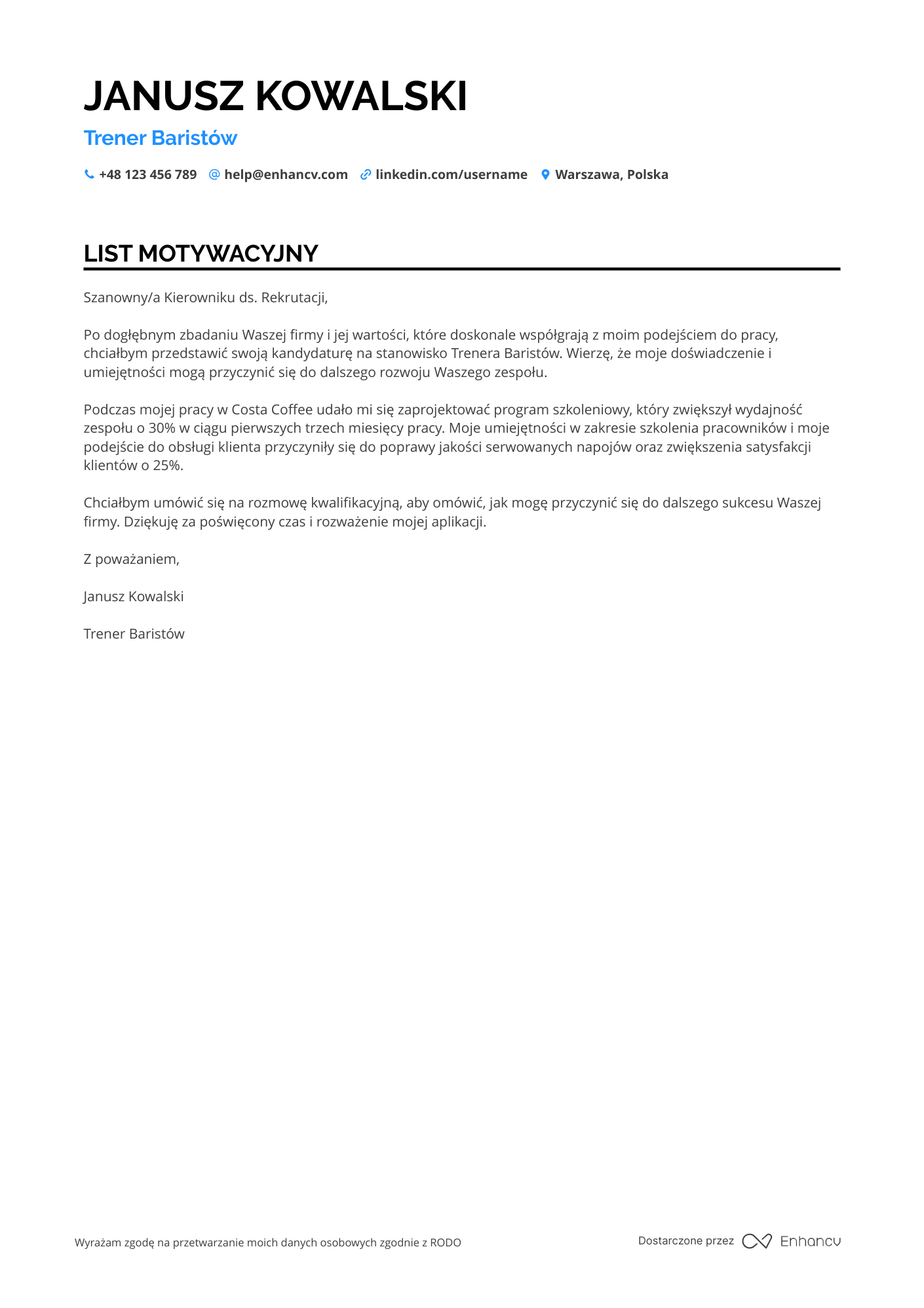 List motywacyjny dla Barista Trainer Resume Example