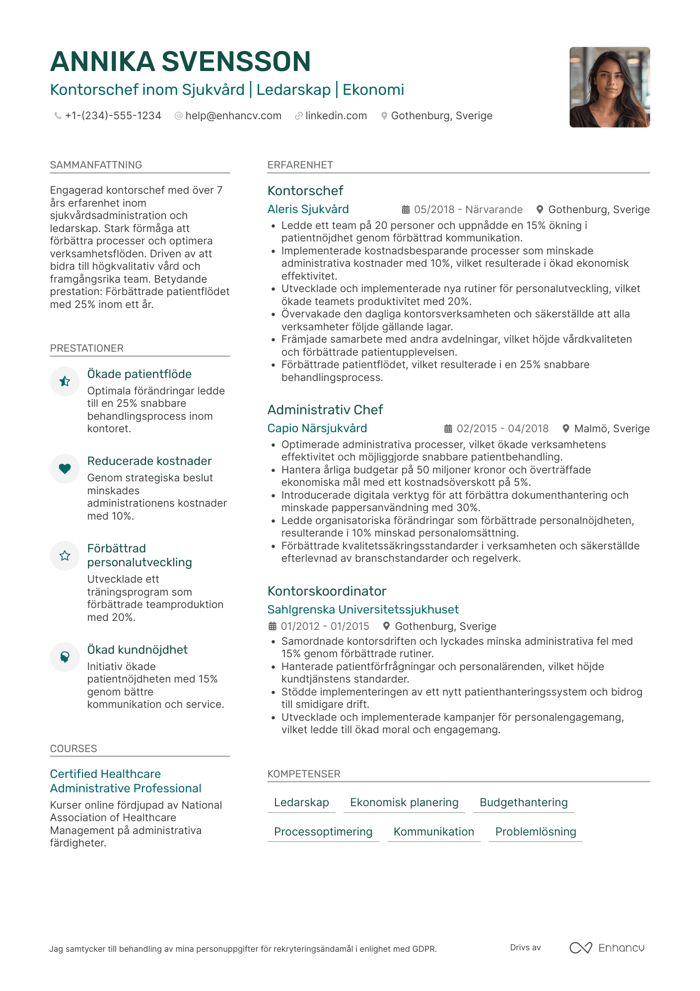 CV för Kontorschef Sjukvård Resume Example