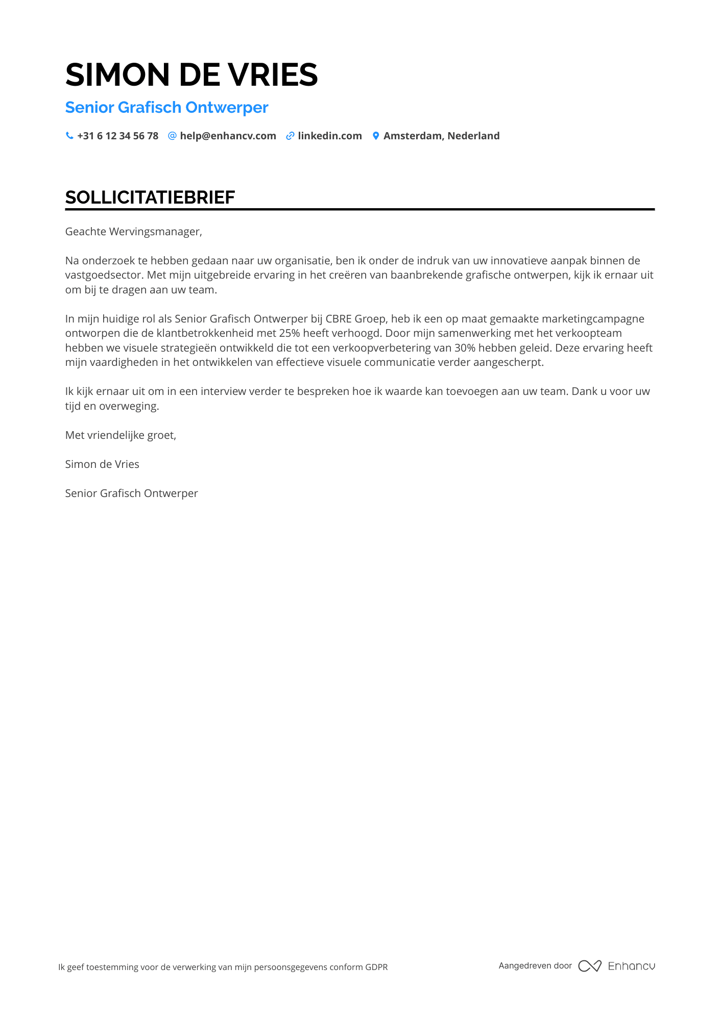 Sollicitatiebrief voor Grafisch Ontwerper in Vastgoed Resume Example
