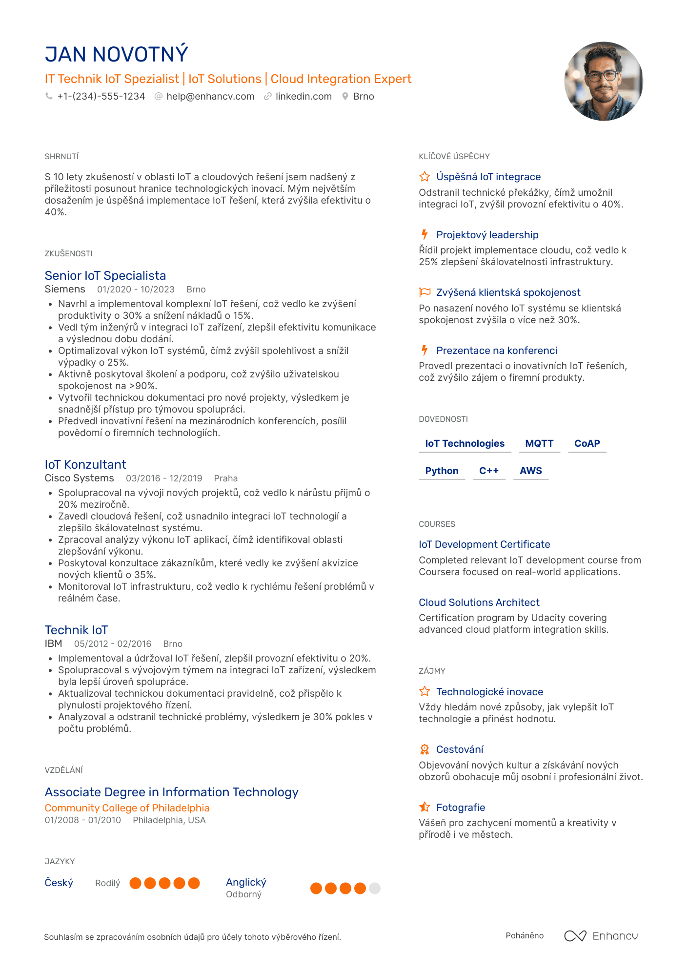 Životopis pro IT Technik IoT Spezialist Resume Example