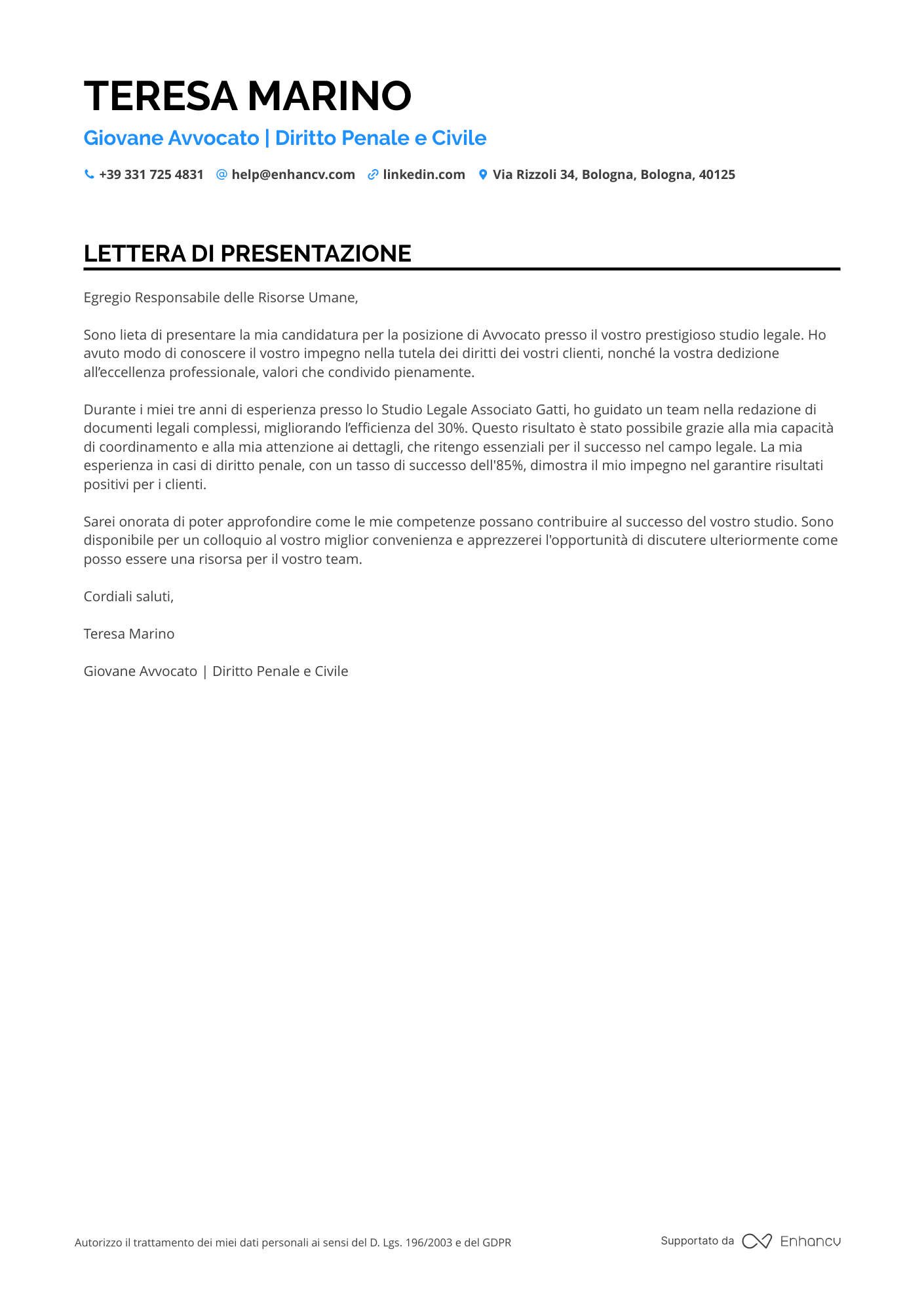 Avvocato Junior Resume Example