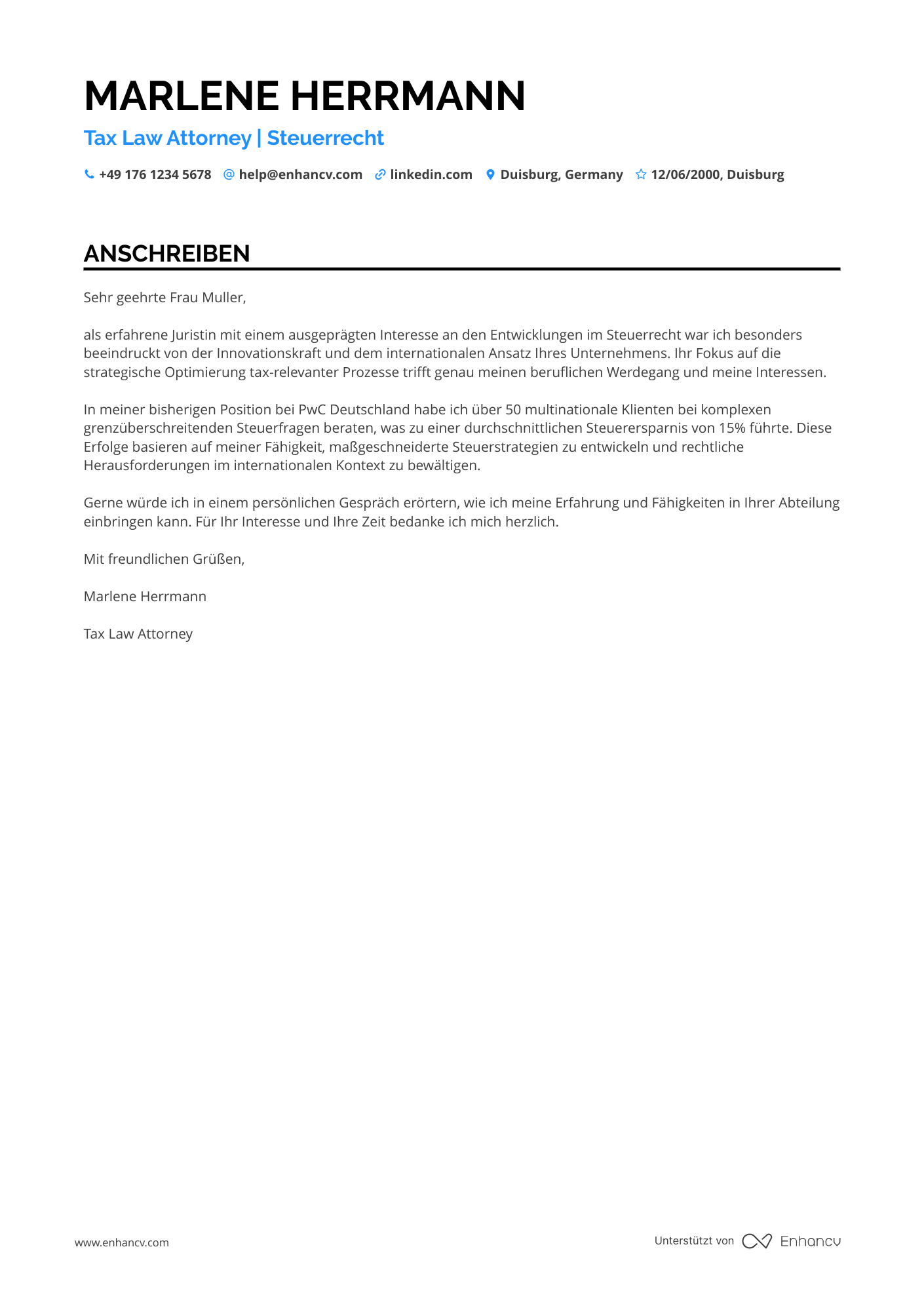 Steuerrecht Jurist Resume Example