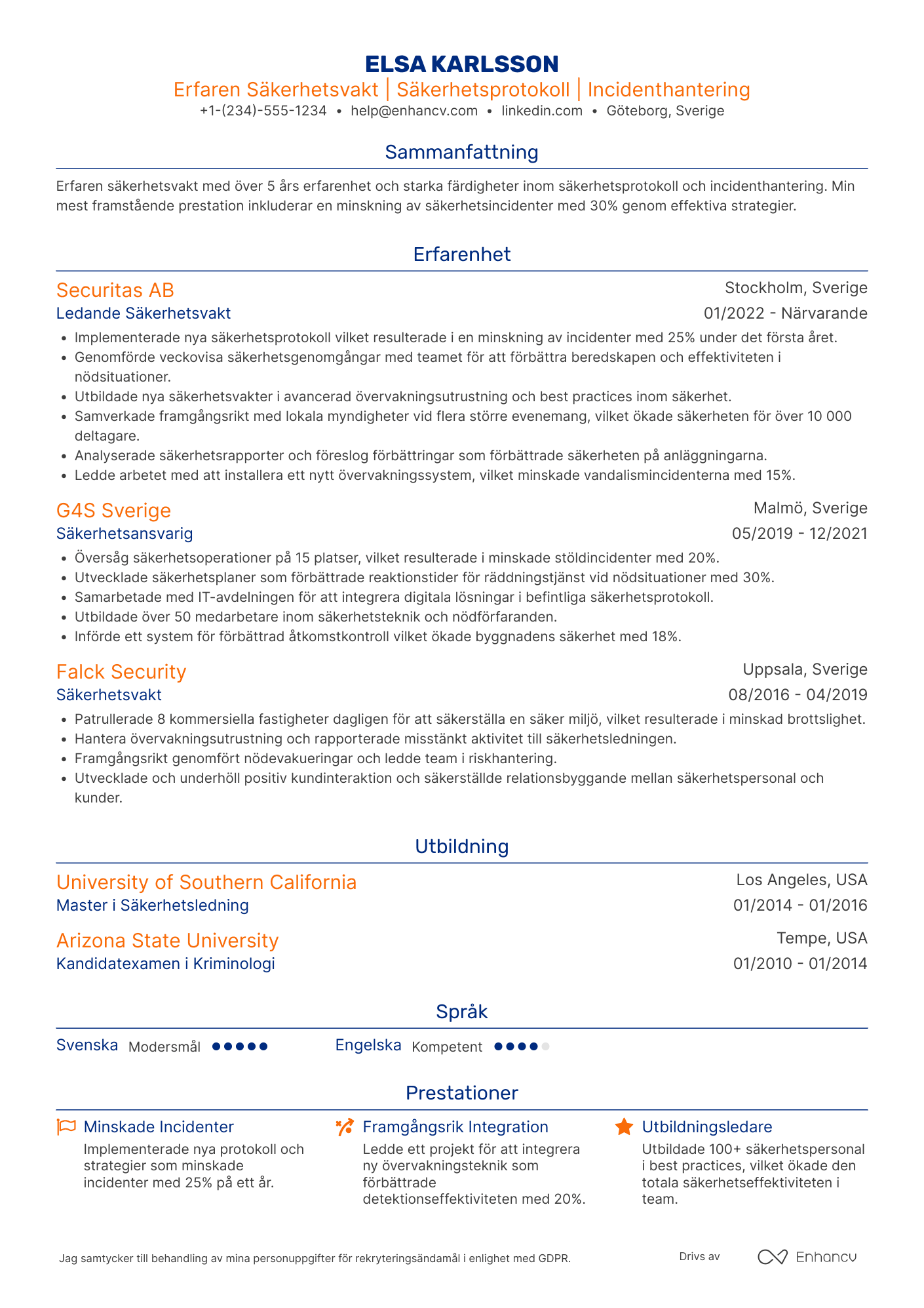 CV för Erfaren Säkerhetsvakt Resume Example