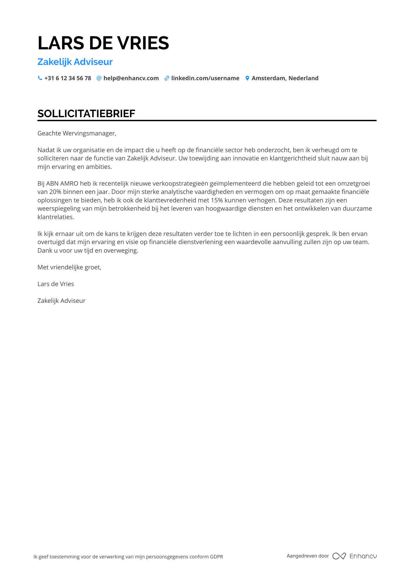 Sollicitatiebrief voor Zakelijk Adviseur Resume Example
