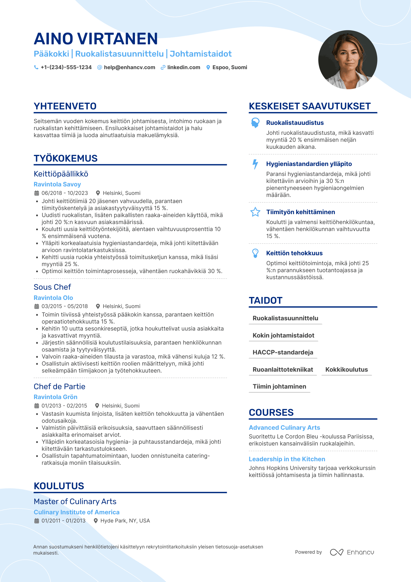 Ansioluettelo Pääkokki Resume Example