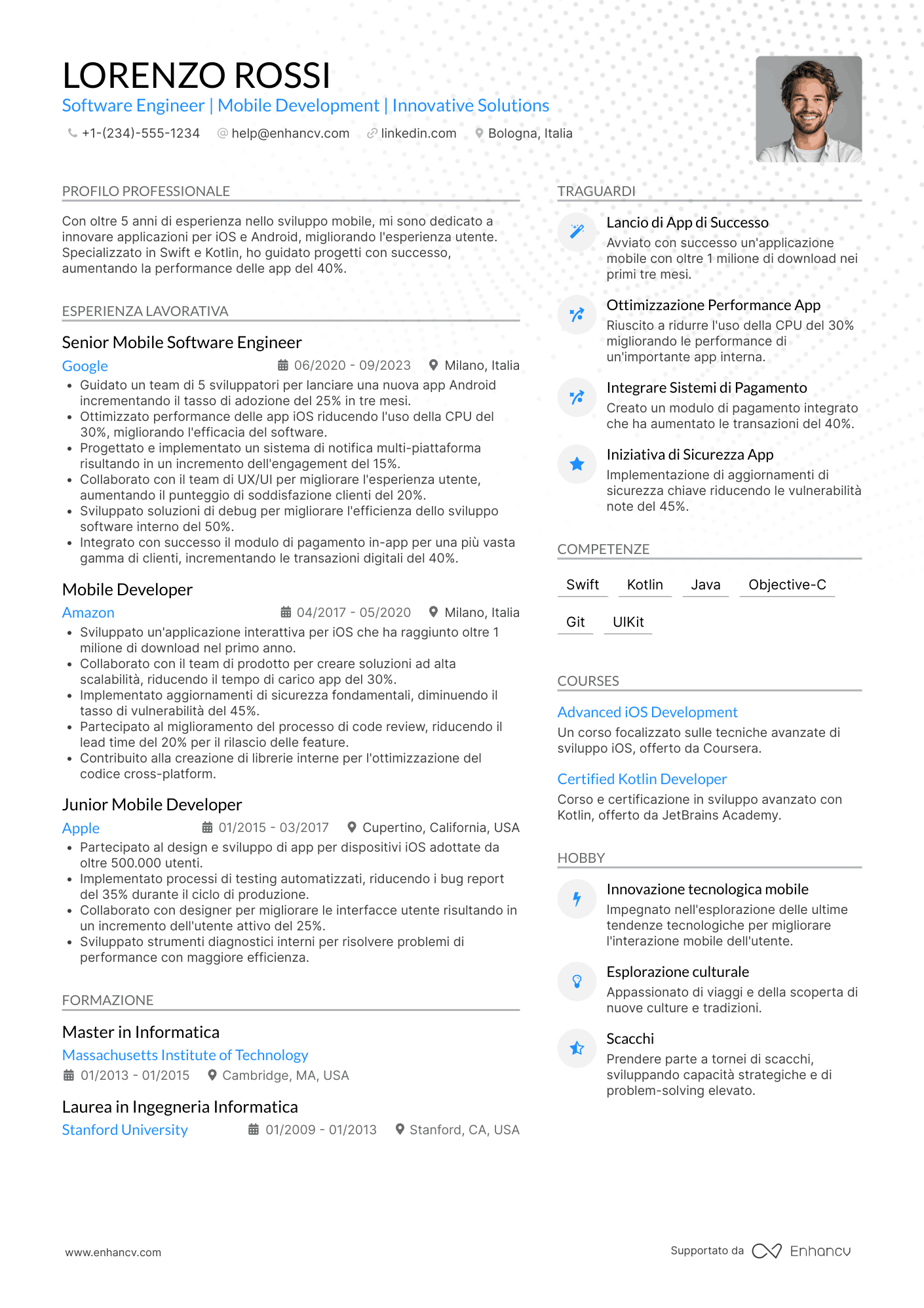 Esempio di CV software engineer mobile (iOS/Android) Resume Example