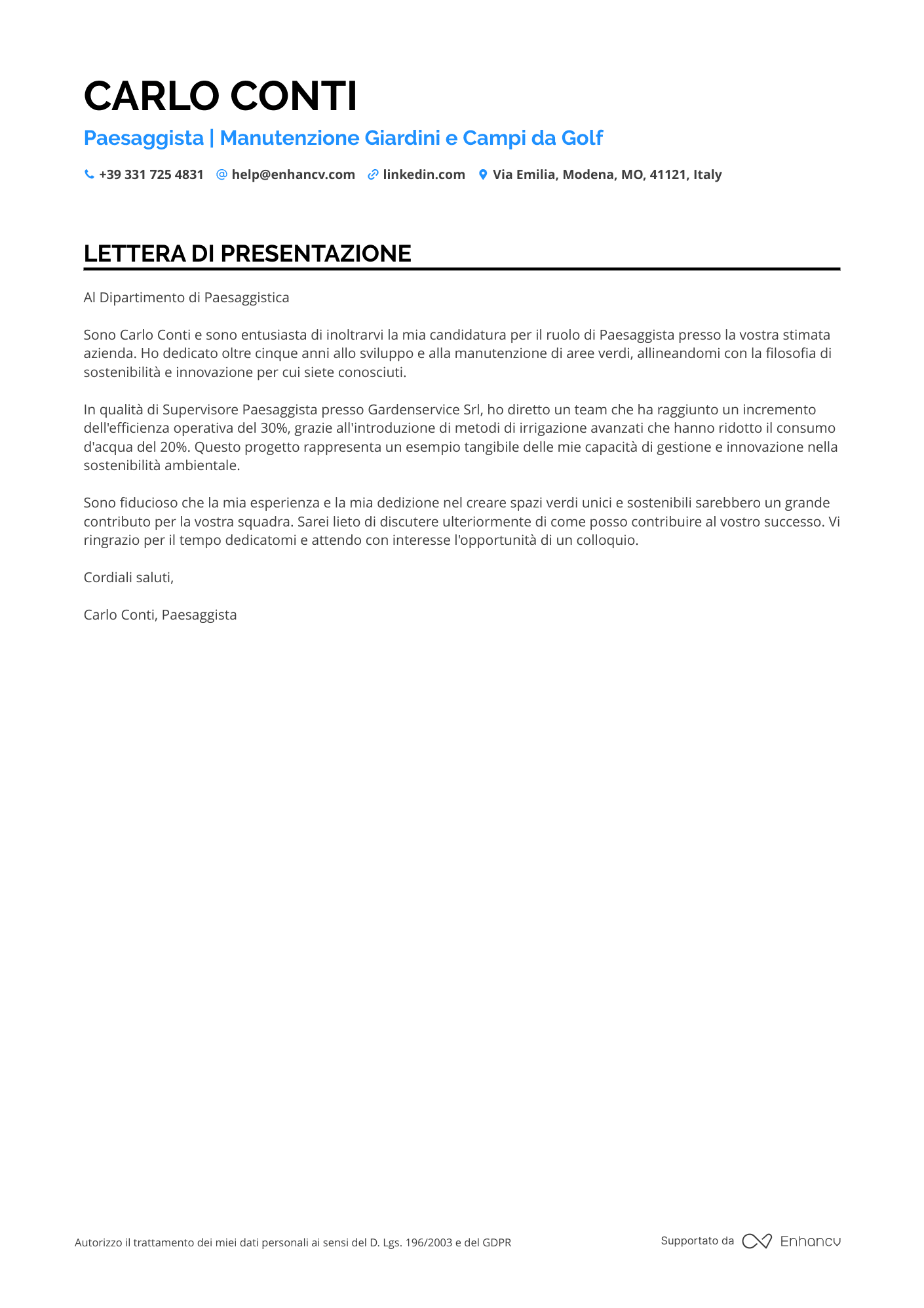 Giardiniere Paesaggista Resume Example