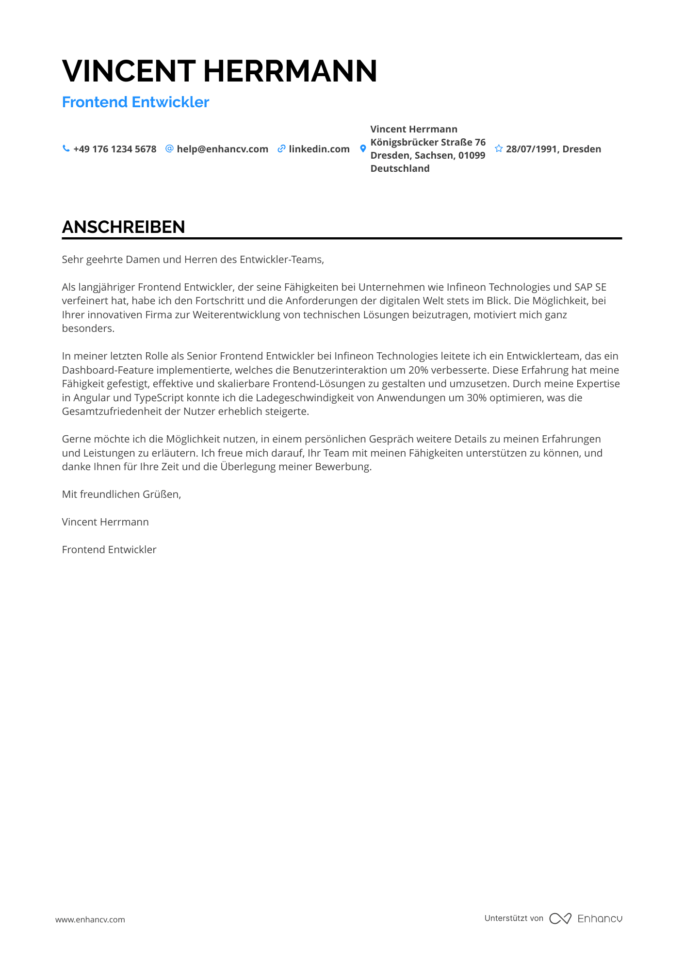 Frontend Entwickler für Angular Resume Example
