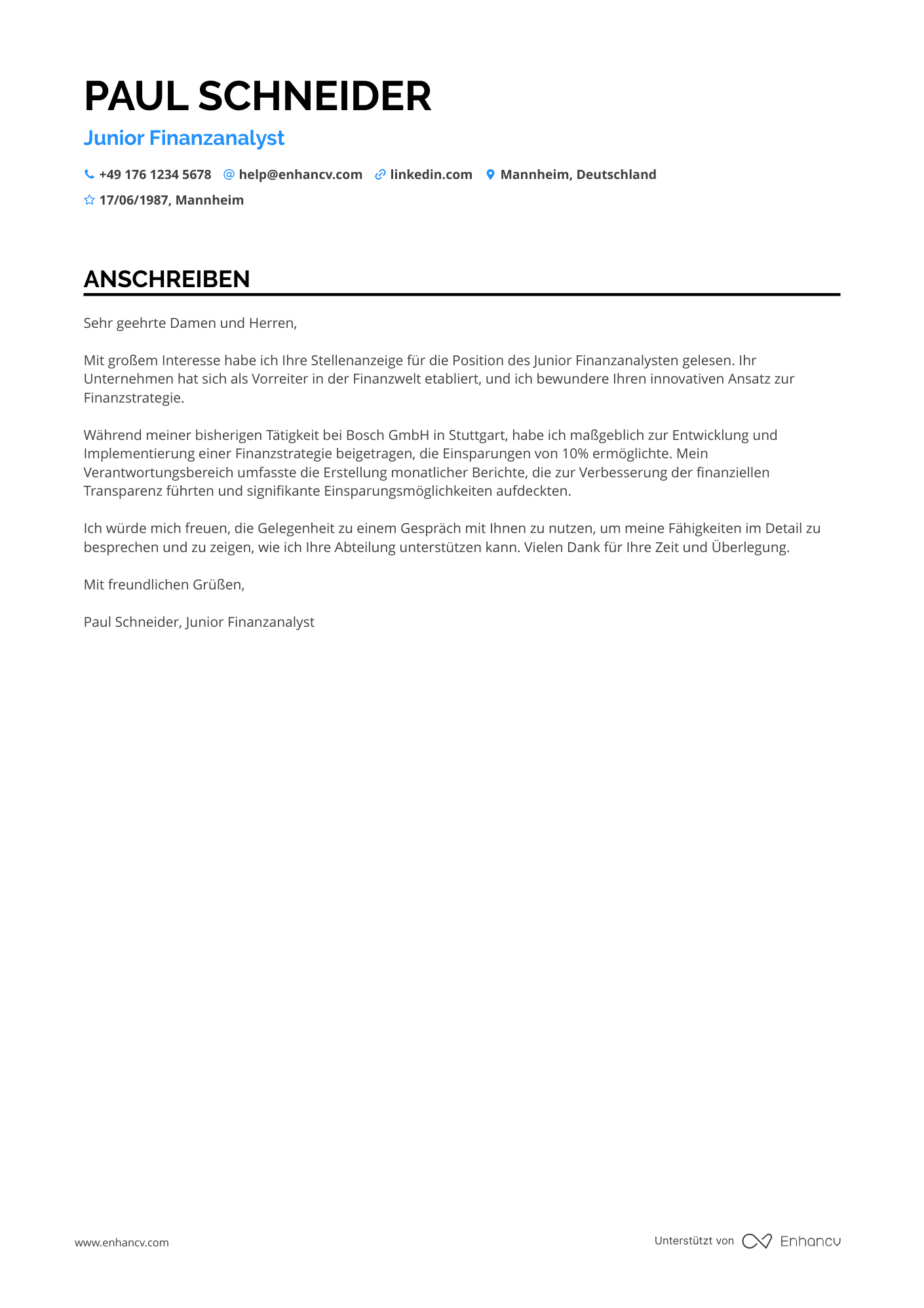 Junior Finanzvorstand Resume Example