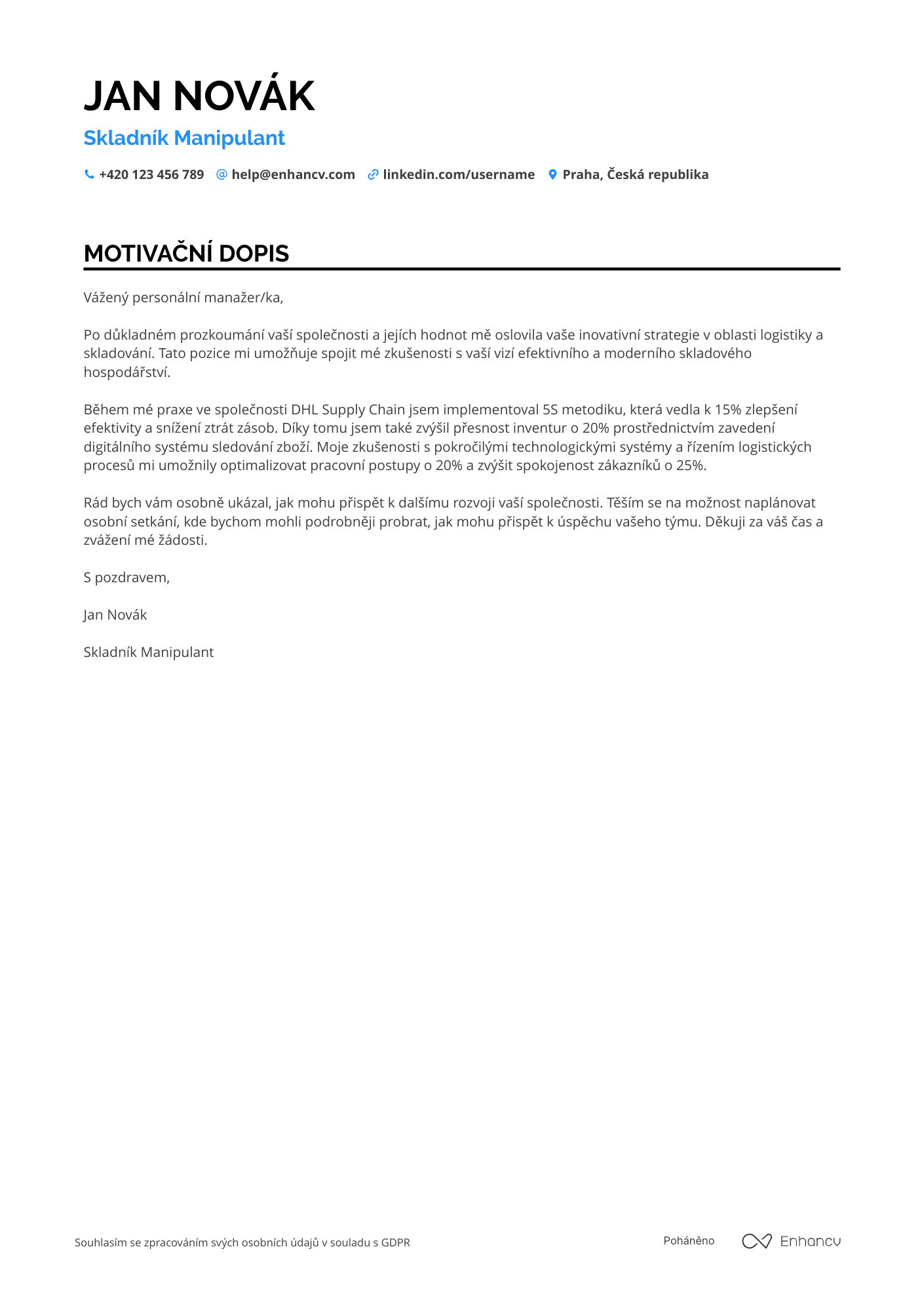 Motivační dopis pro Skladník Manipulant Resume Example