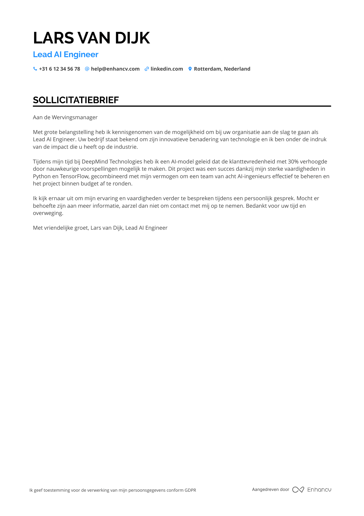 Sollicitatiebrief voor Lead AI Engineer Resume Example