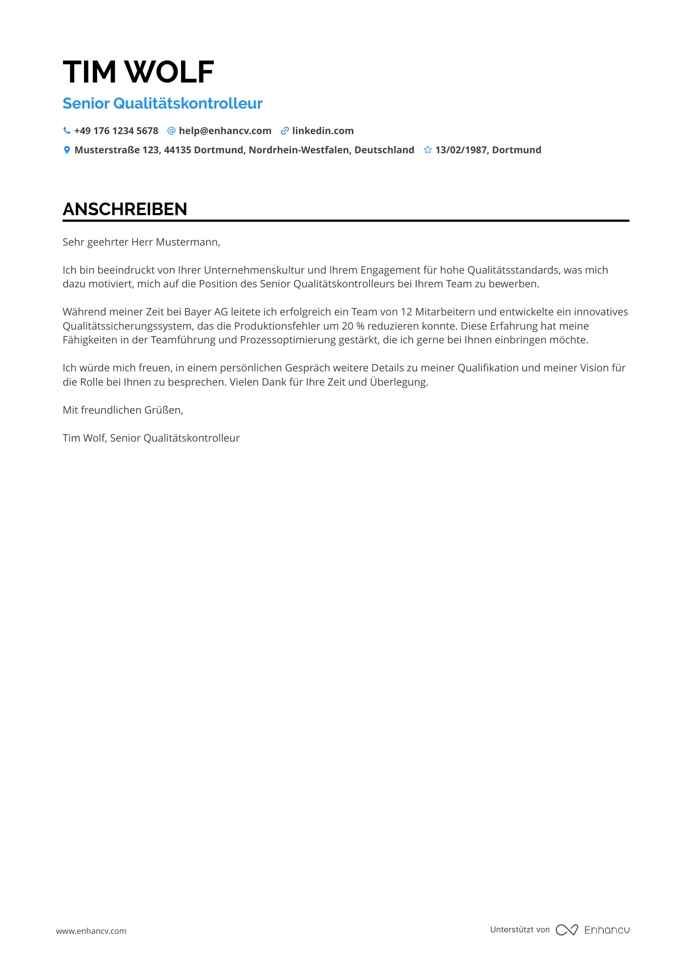 Senior Qualitätskontrolleur Resume Example