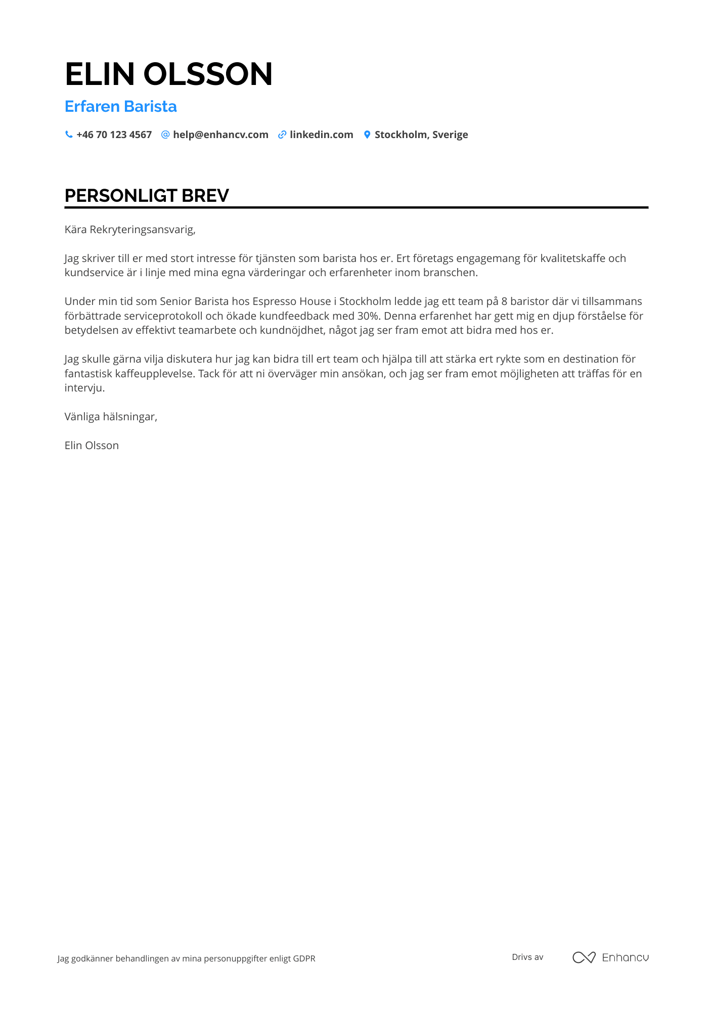 Personligt brev för Retail Coffee Barista Resume Example