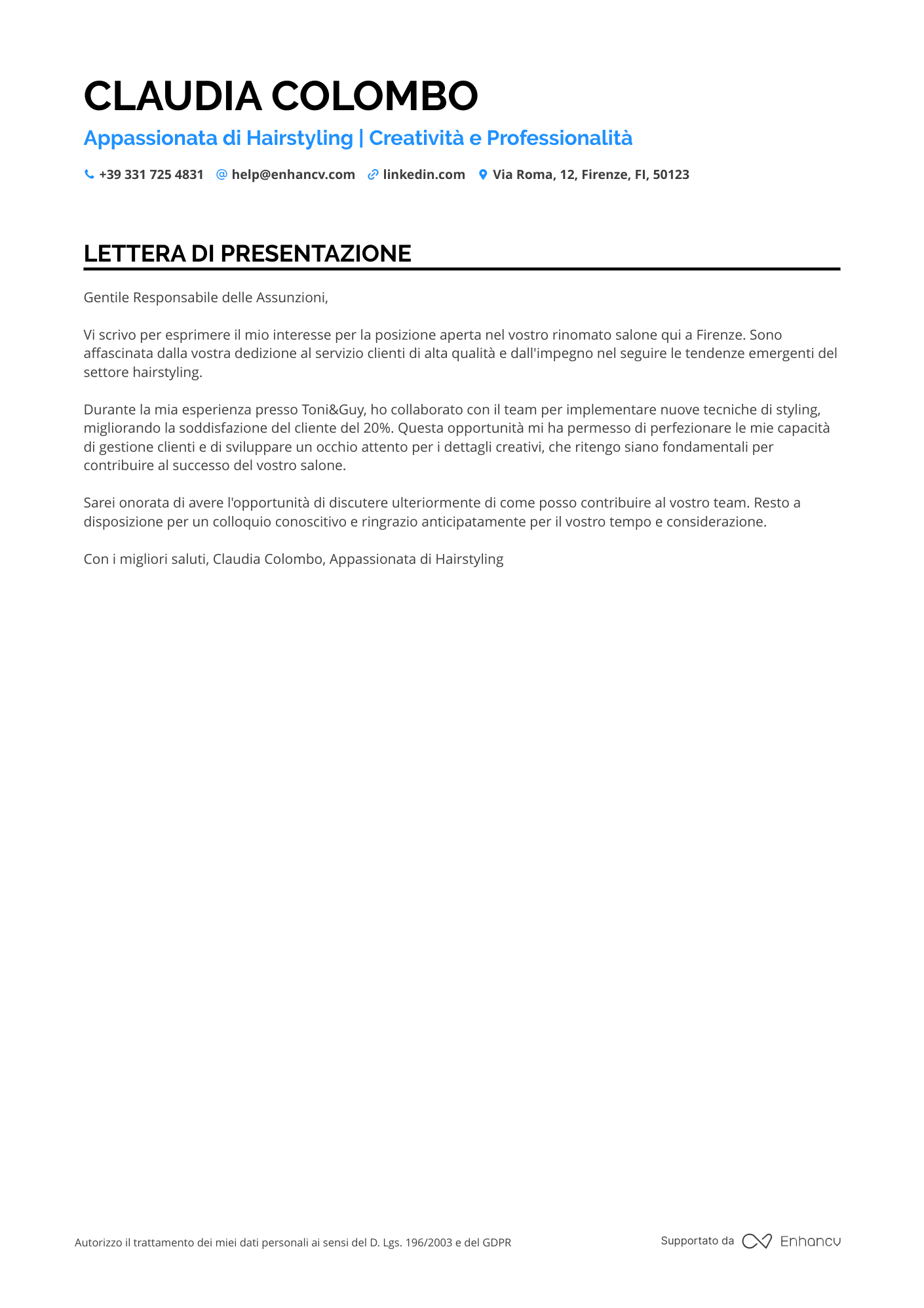 Assistente Parrucchiera Resume Example