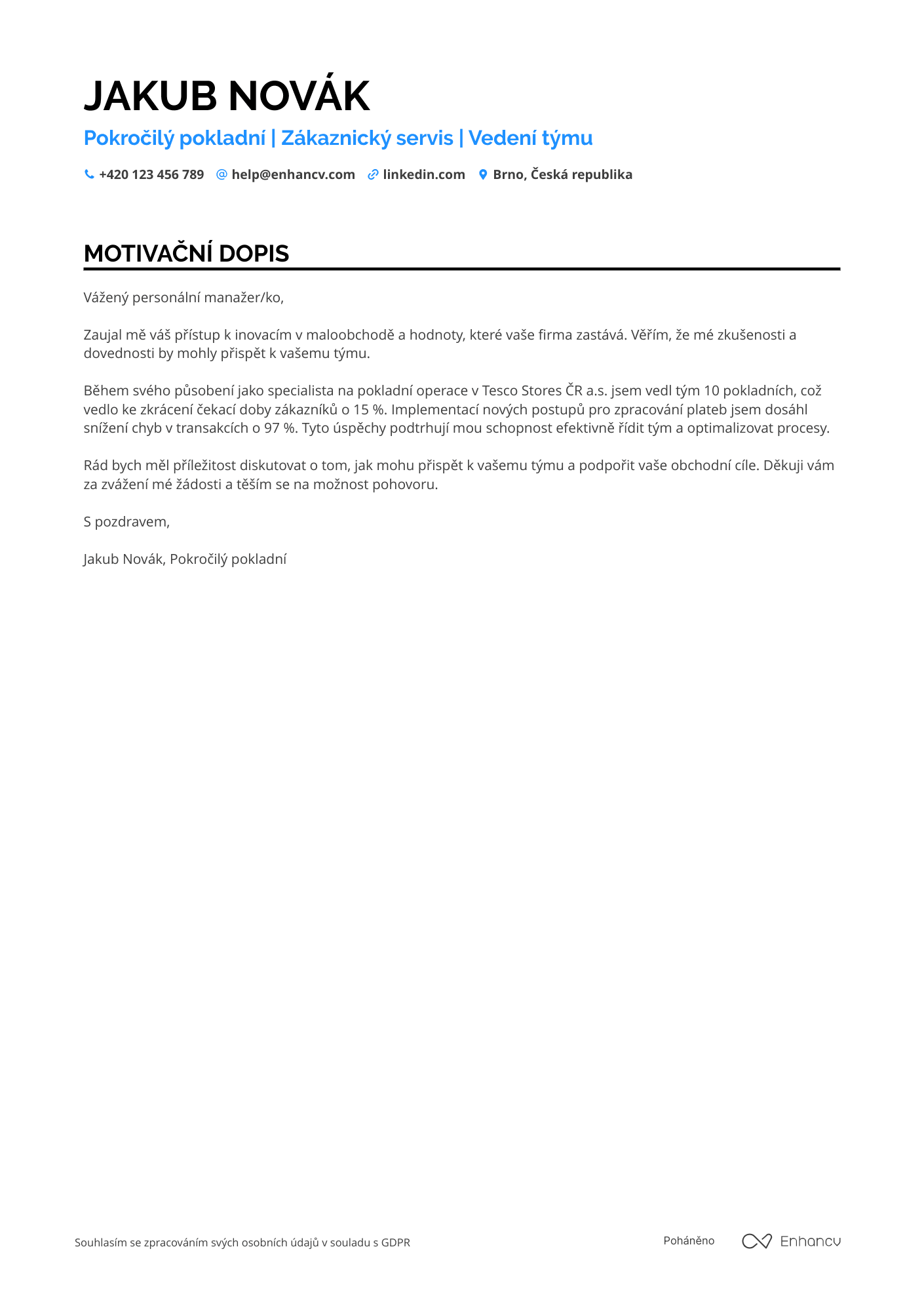 Motivační dopis pro Pokročilý pokladní Resume Example