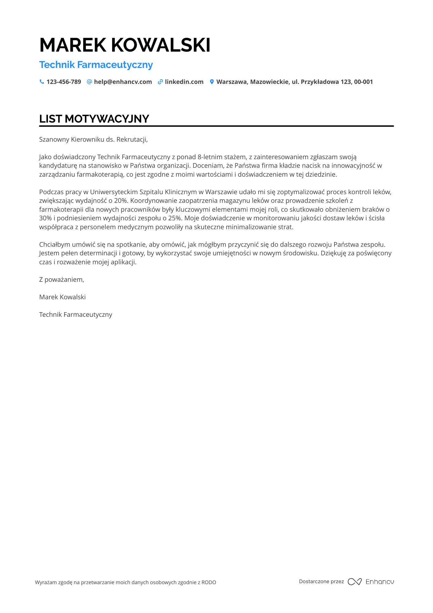 List motywacyjny dla Technik Farmaceutyczny w Szpitalu Resume Example