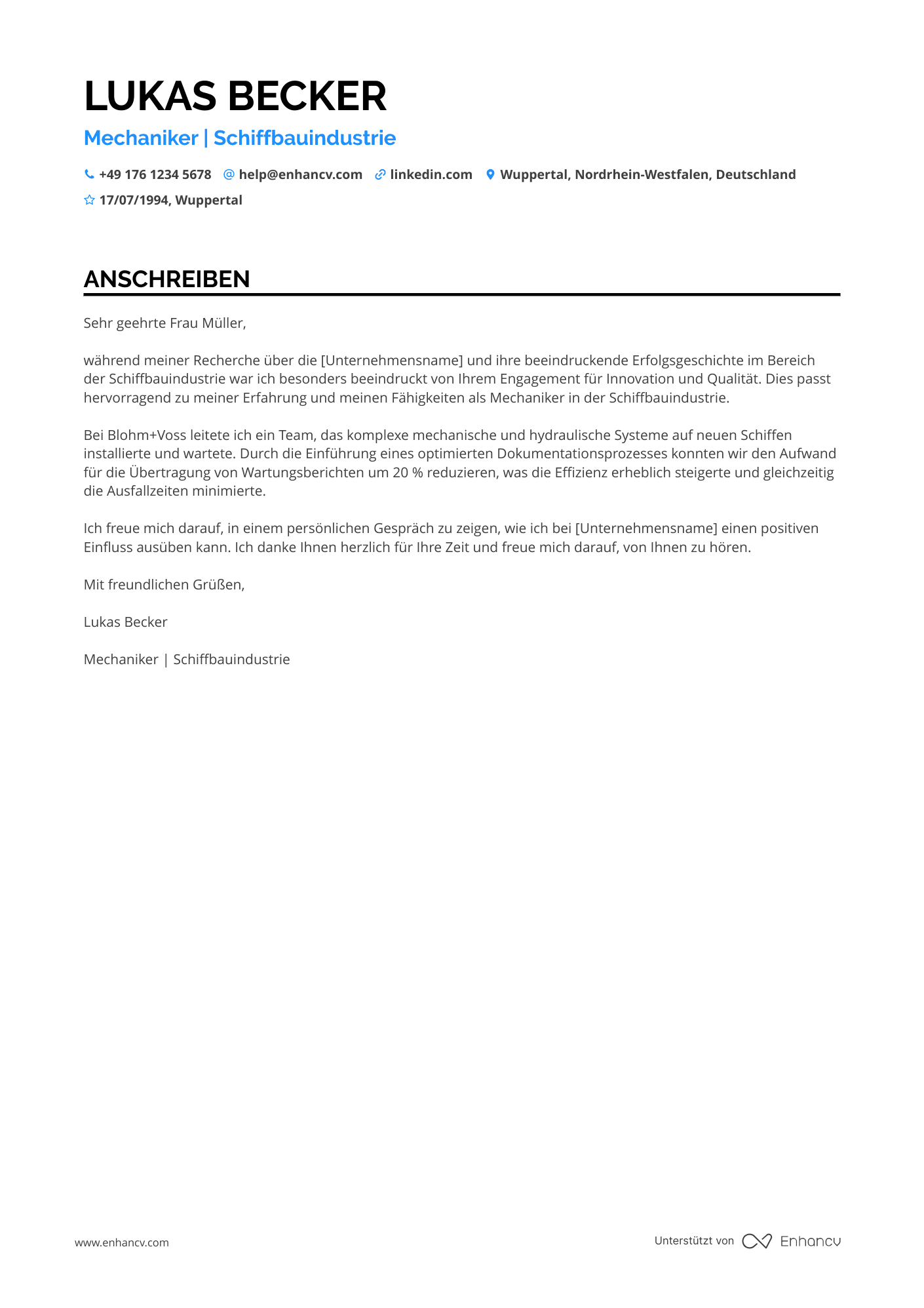 Schiffbauindustrie Mechaniker Resume Example
