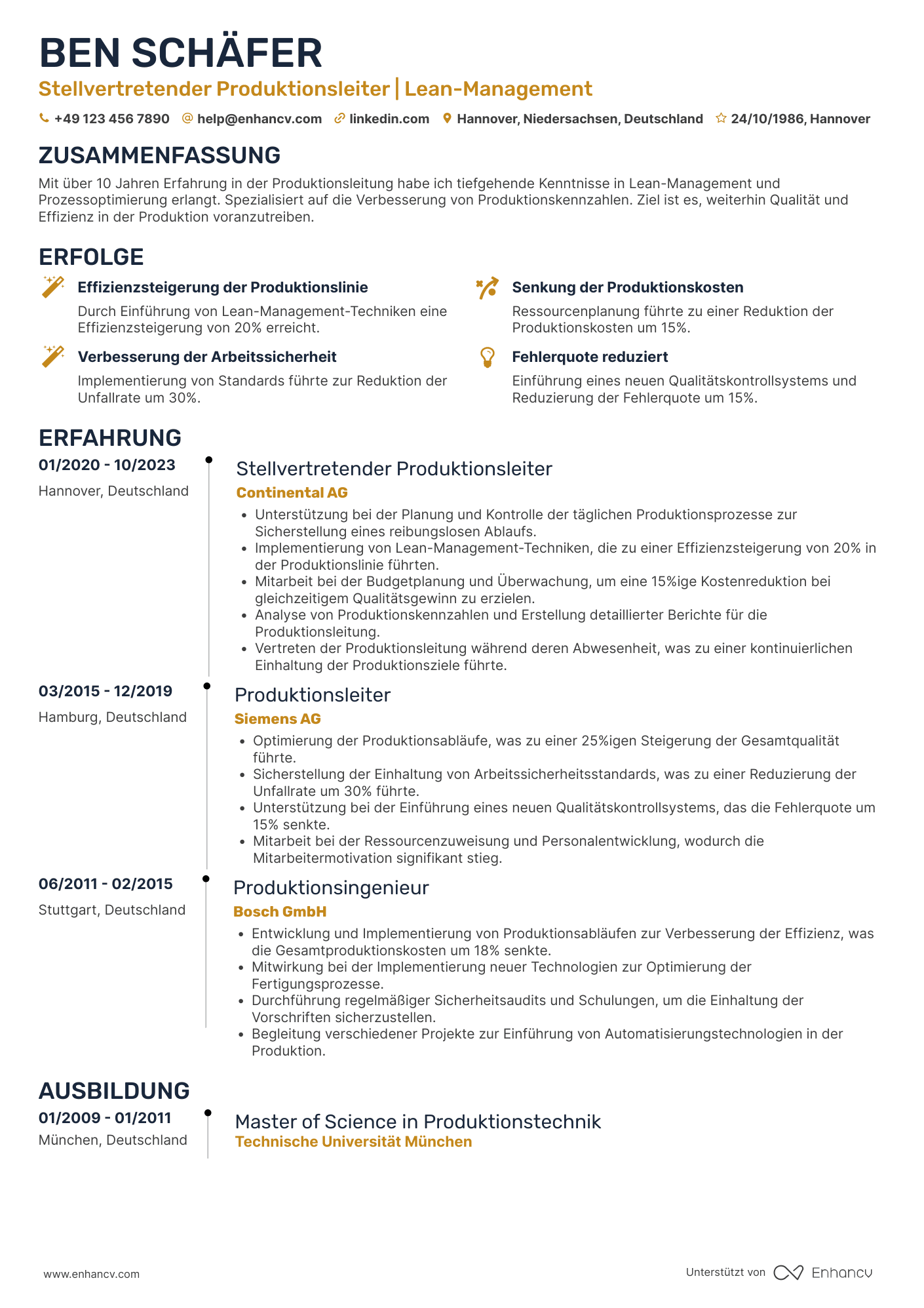 Lebenslauf als Stellvertretender Manager in der Produktion Resume Example