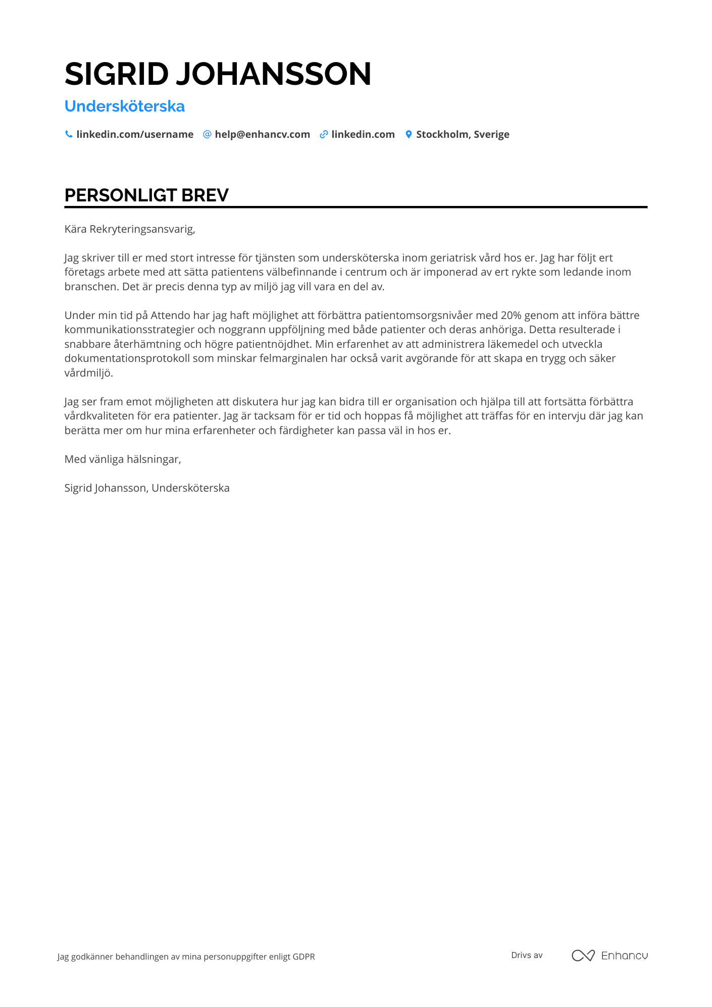 Personligt brev för Undersköterska Geriatrisk Avdelning Resume Example