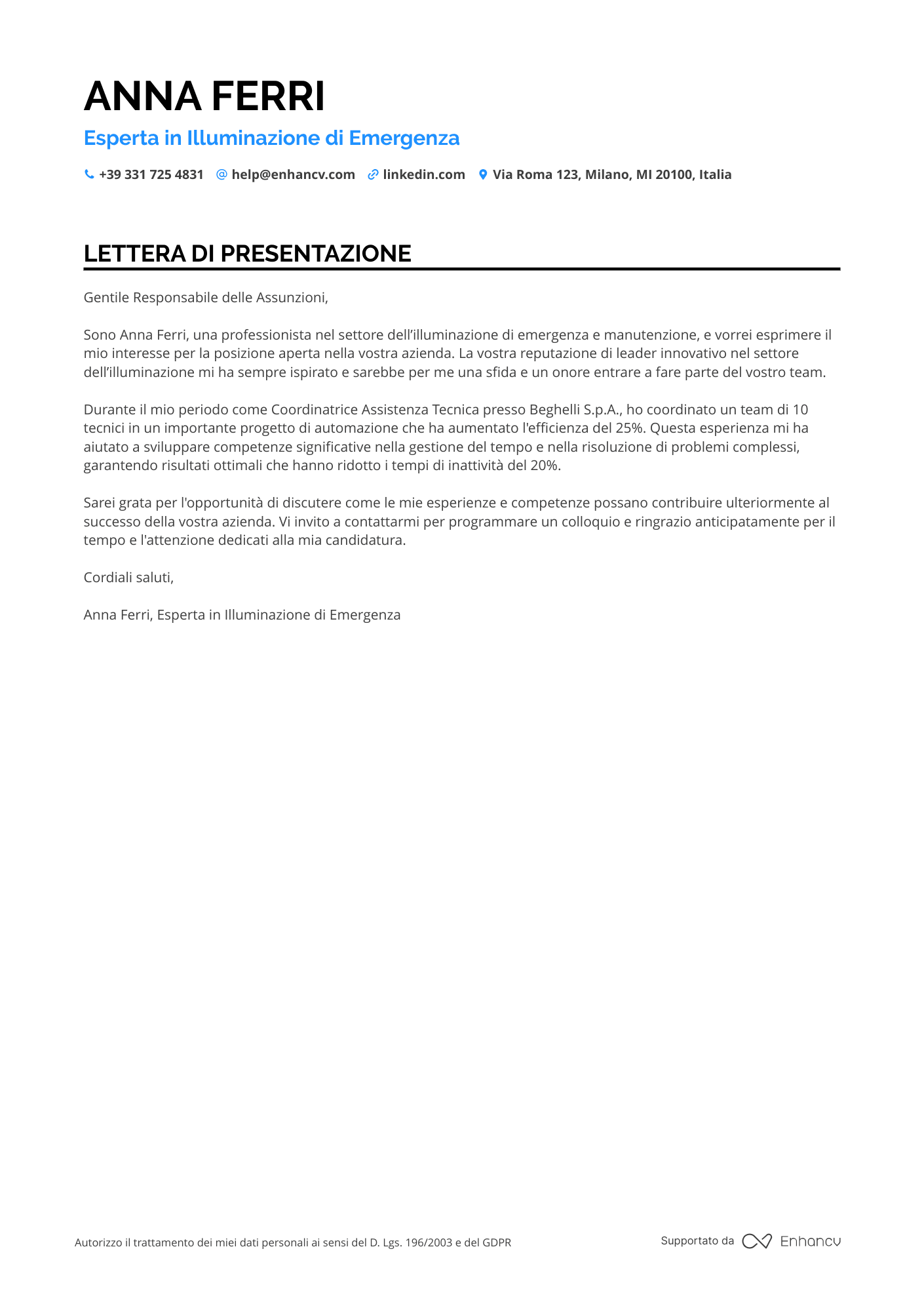 Elettricista di Emergenza Resume Example
