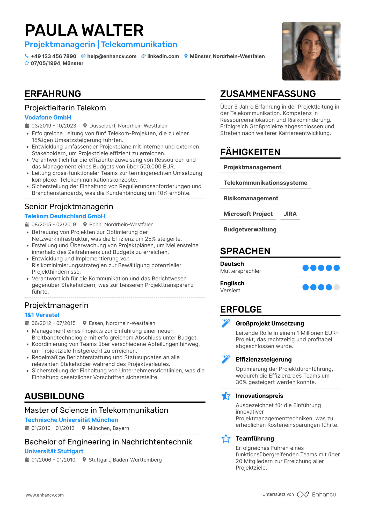 Lebenslauf in Projektleiter in der Telekommunikation Resume Example