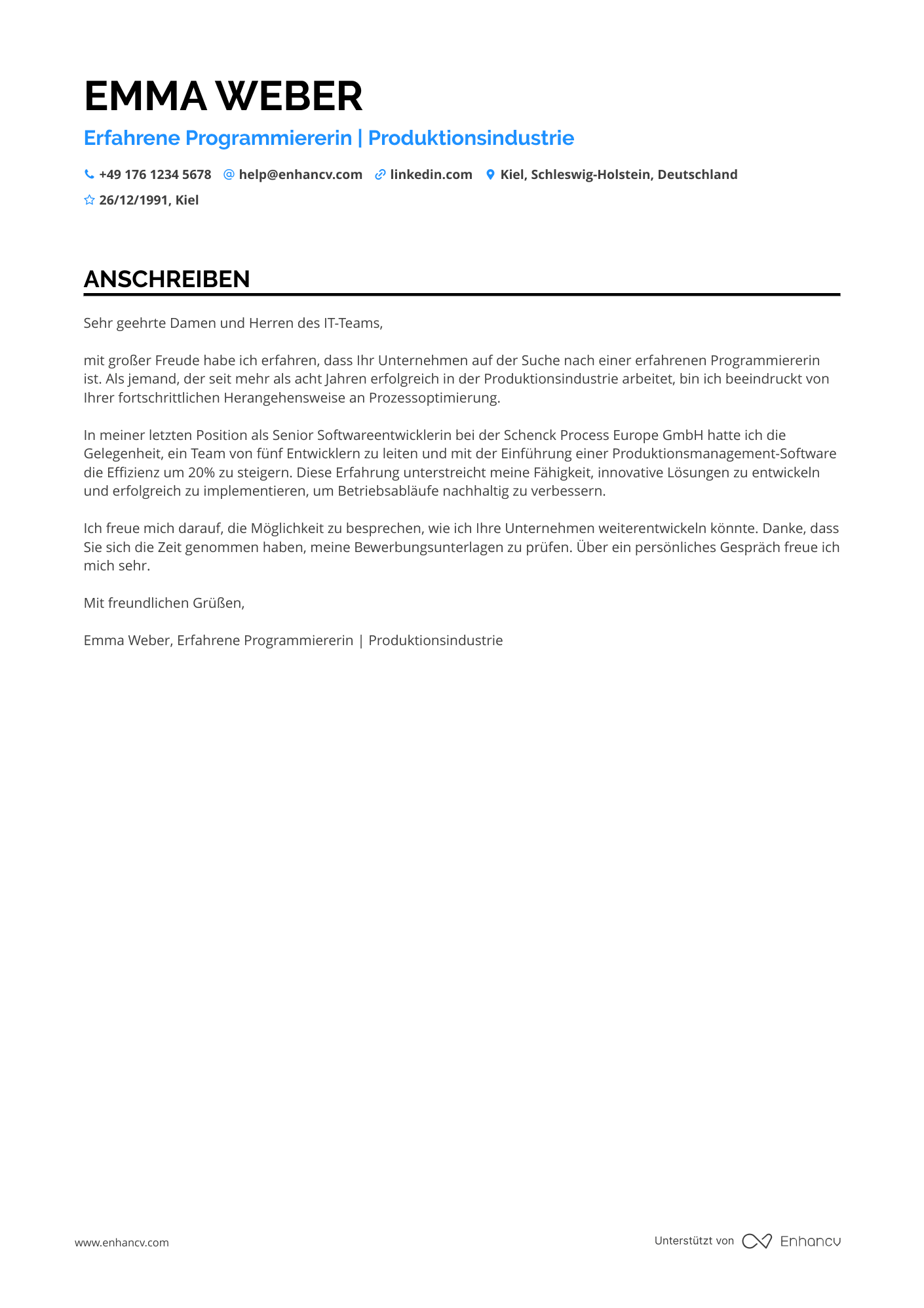Programmierer in der Produktionsindustrie Resume Example