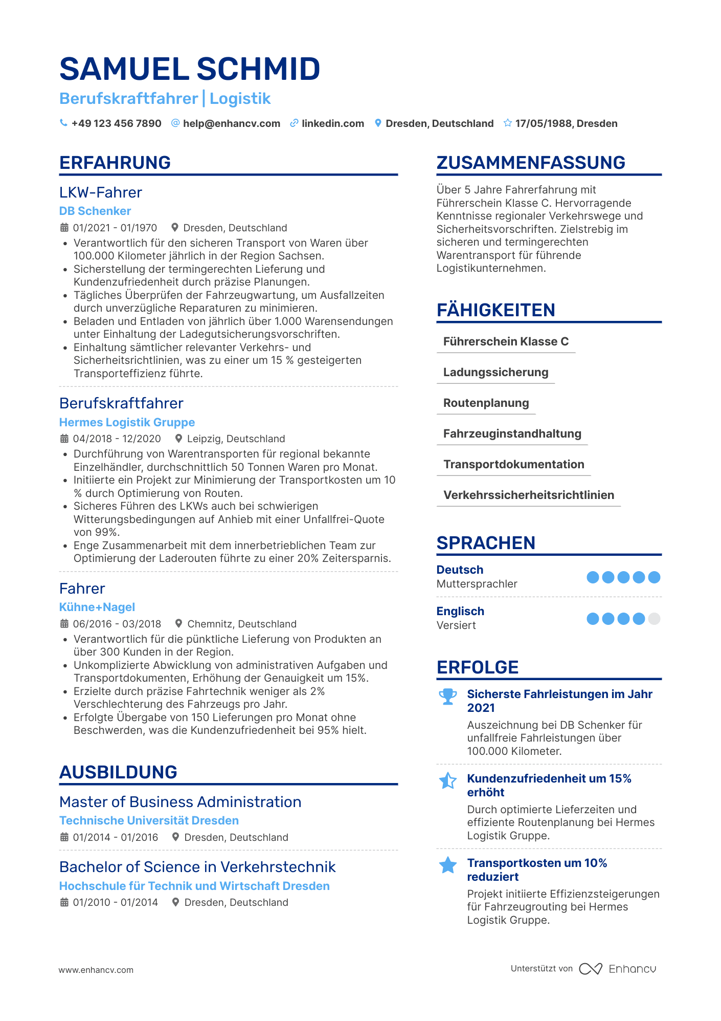 Lebenslauf als Fahrer mit Führerschein Klasse C Resume Example