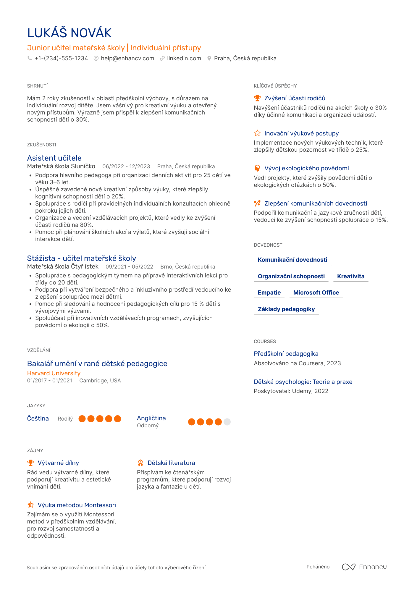 Životopis pro Junior učitelka mateřské školy Resume Example