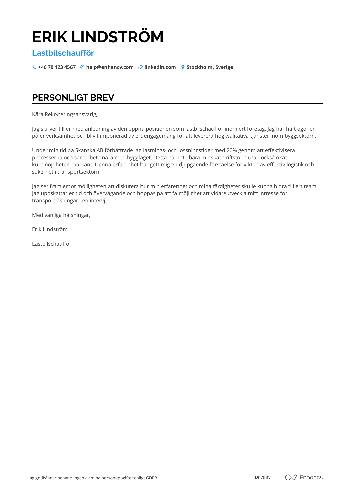 Personligt brev för Lastbilschaufför inom byggsektorn Resume Example