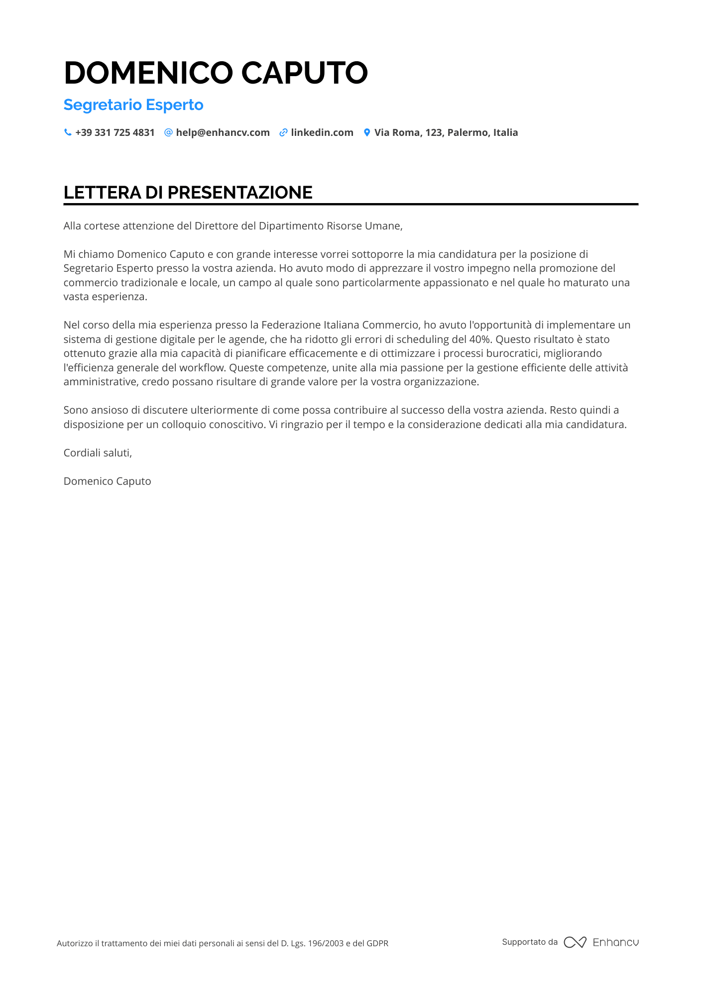 Segretaria di Presidenza Resume Example