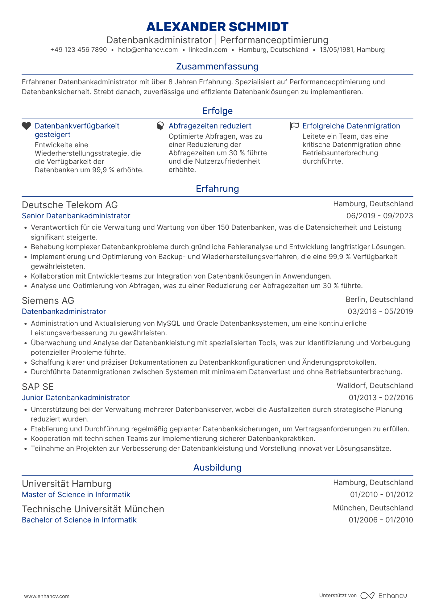 Lebenslauf als Systemadministrator für Datenbanken Resume Example