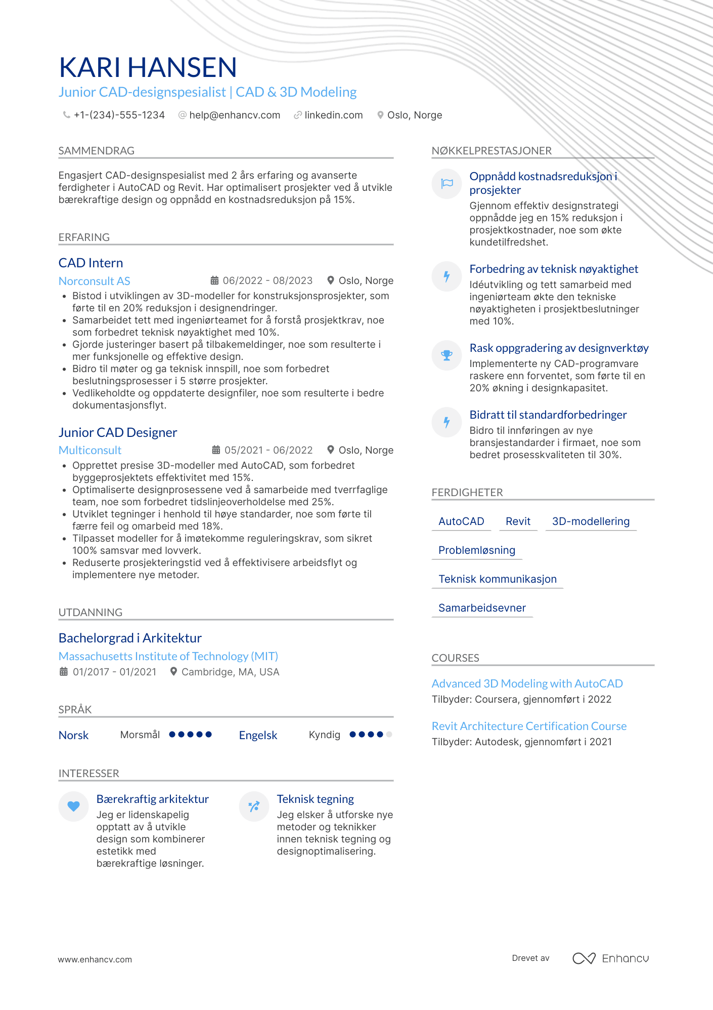 CV for Junior CAD designspesialist Resume Example