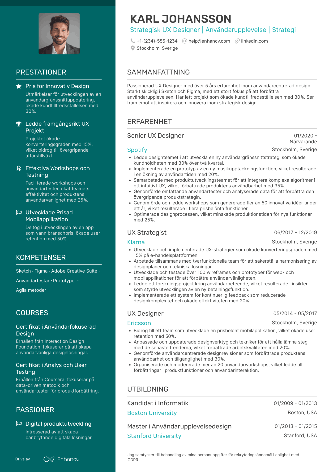 CV för Strategisk UX designkoncept Resume Example