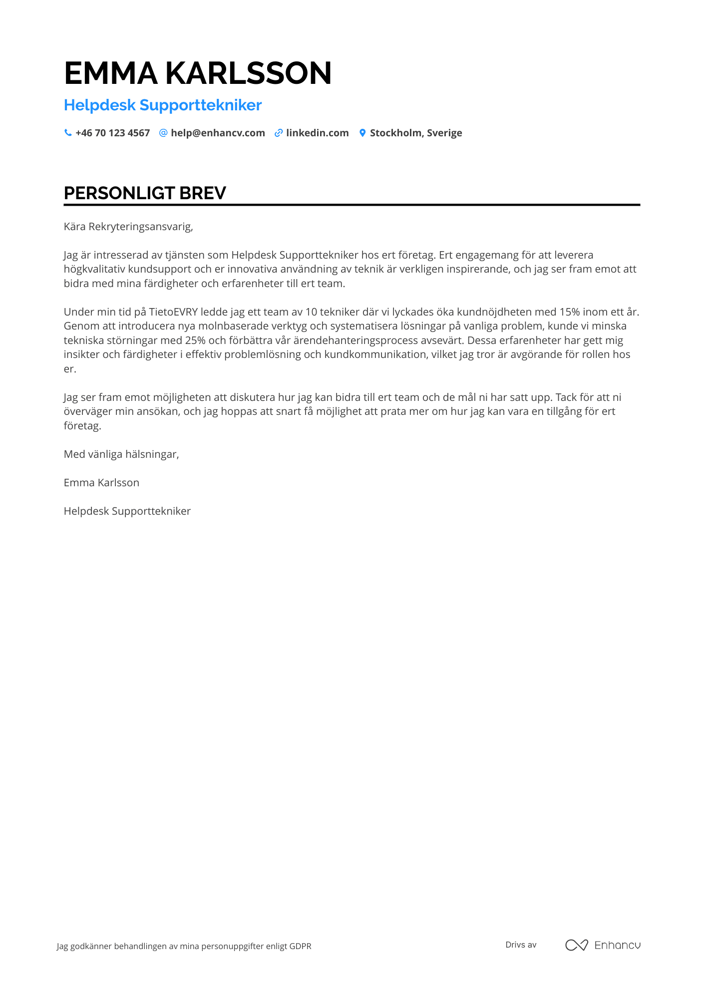 Personligt brev för Helpdesk Supporttekniker Resume Example