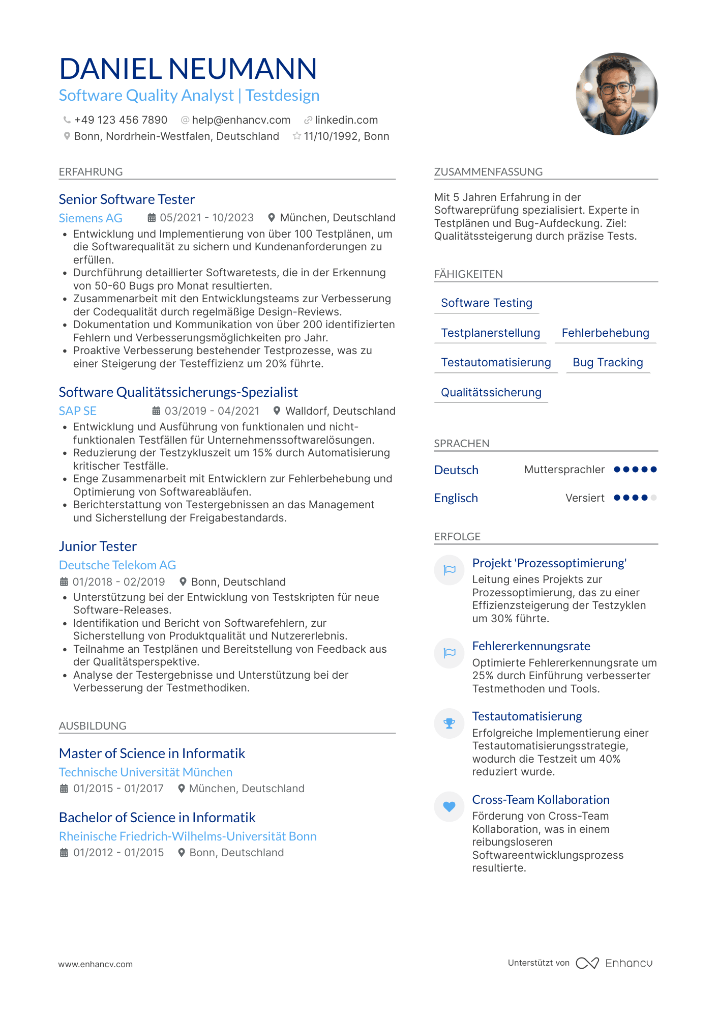 Lebenslauf in Prüfer in der Softwareindustrie Resume Example