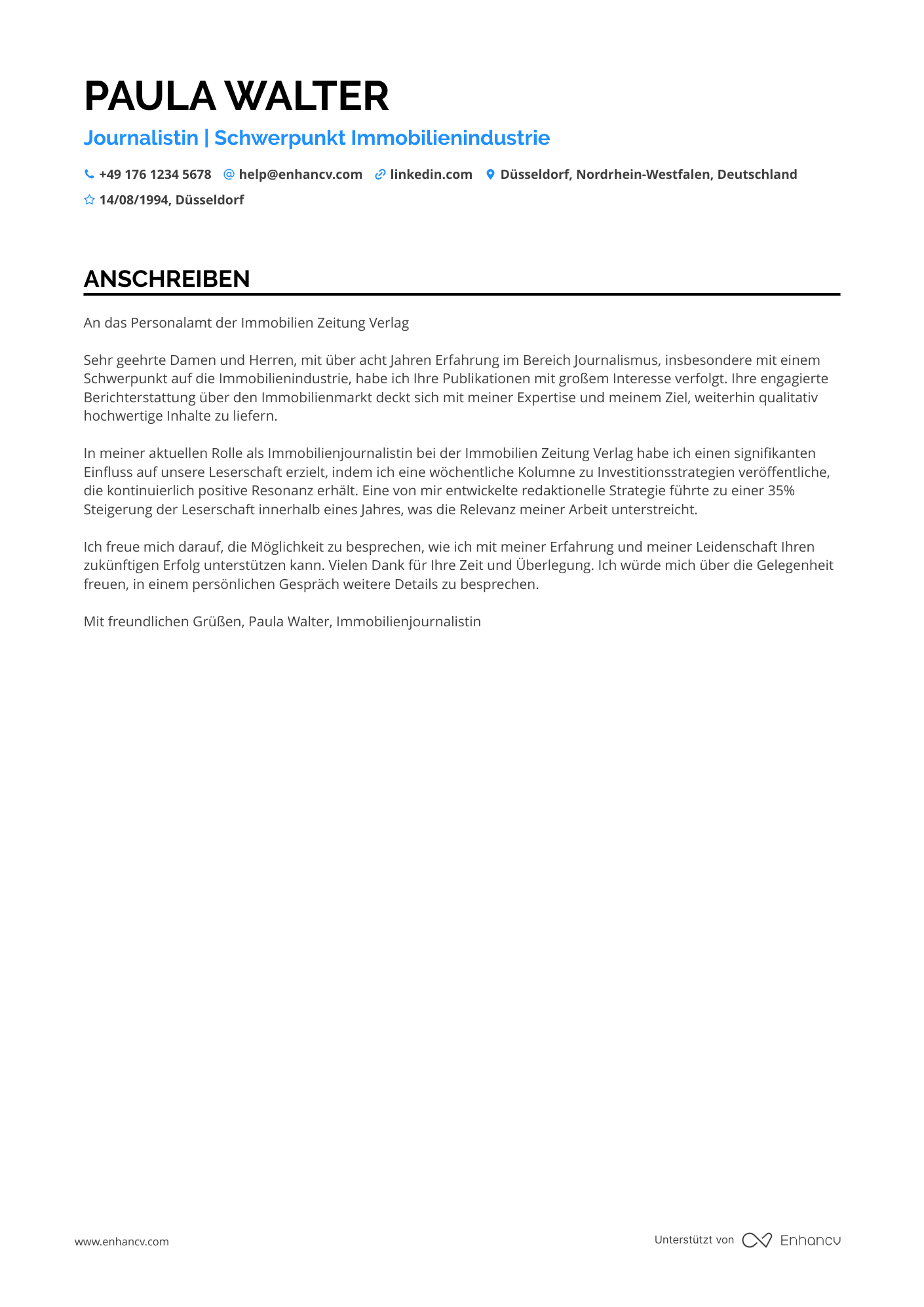 Immobilienindustrie Journalist Resume Example