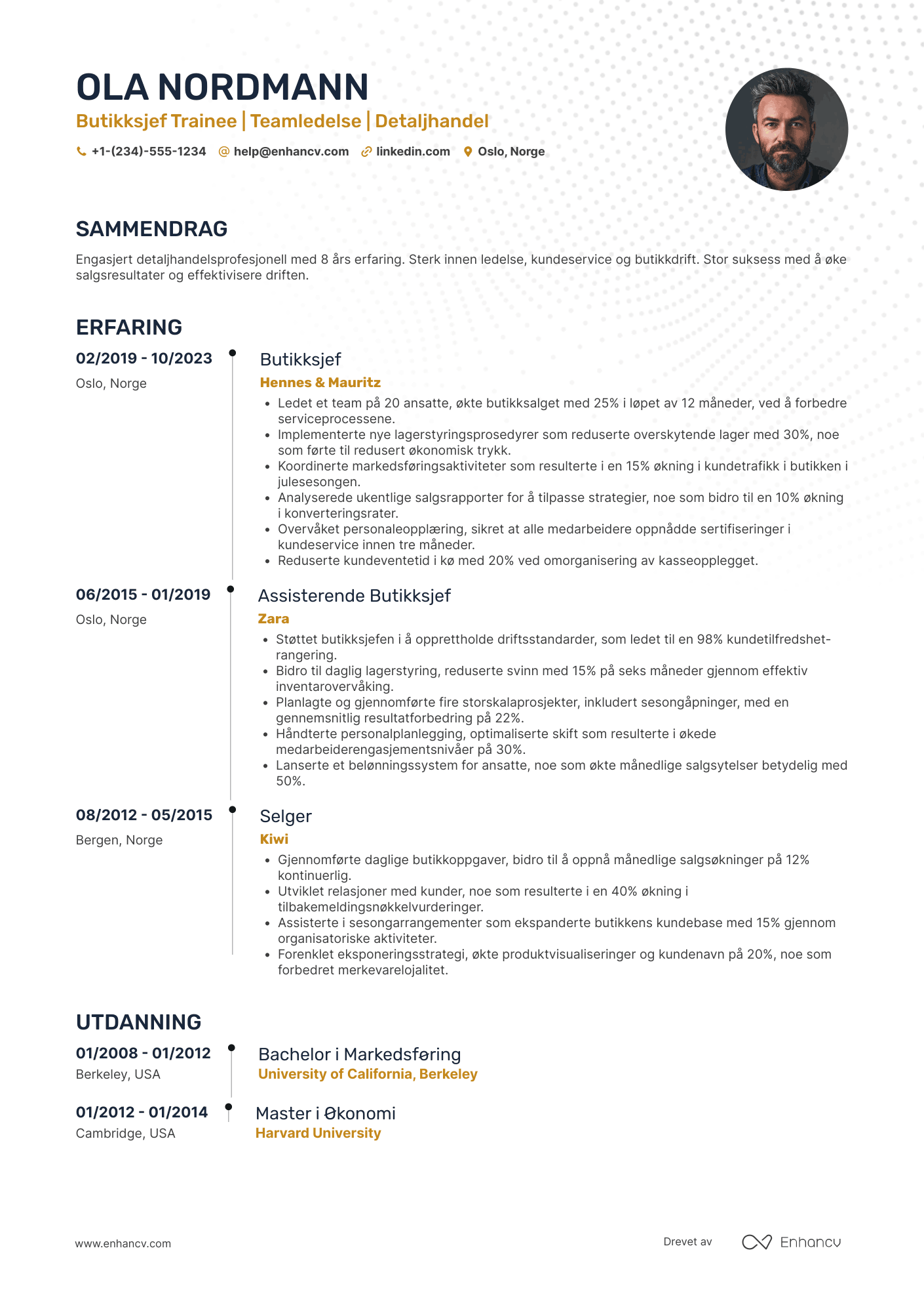 CV for Butikksjef trainee Resume Example