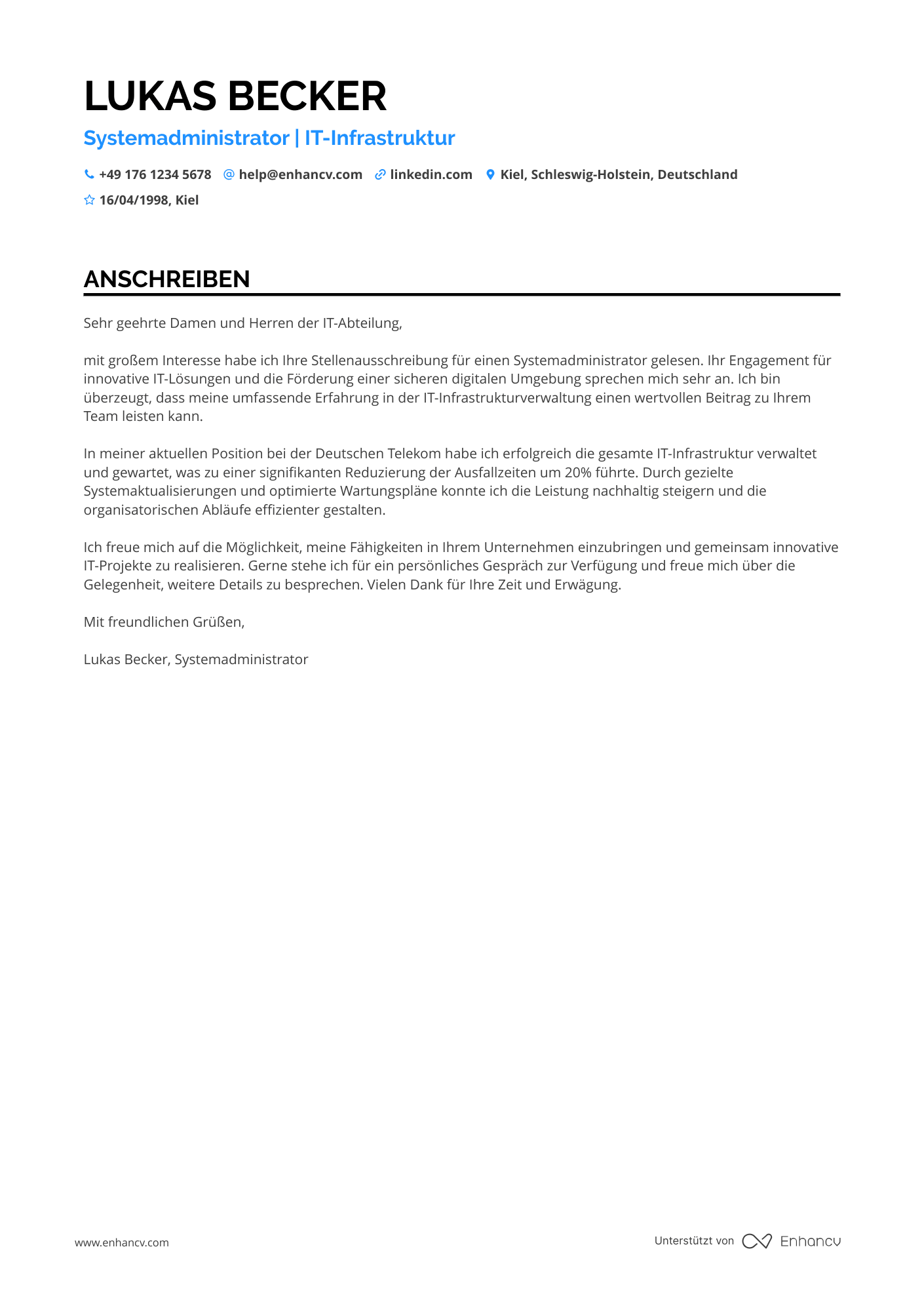 Systemadministrator für IT Infrastruktur Resume Example