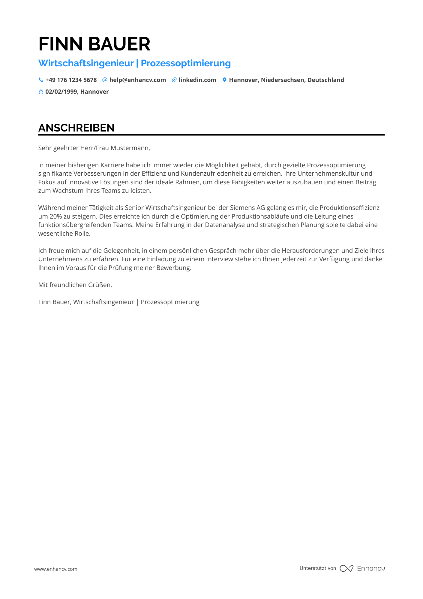 Wirtschaftsingenieur mit Spezialisierung Resume Example