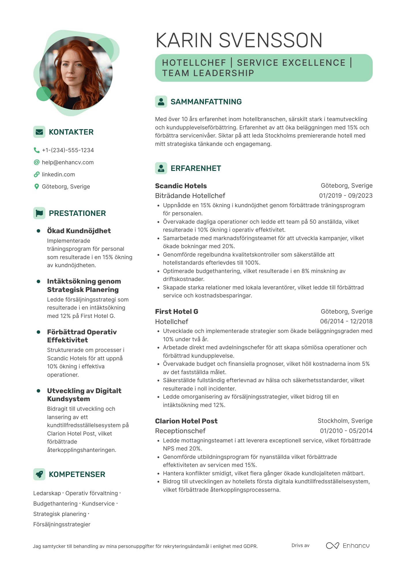 CV för Hotellchef ledning Resume Example