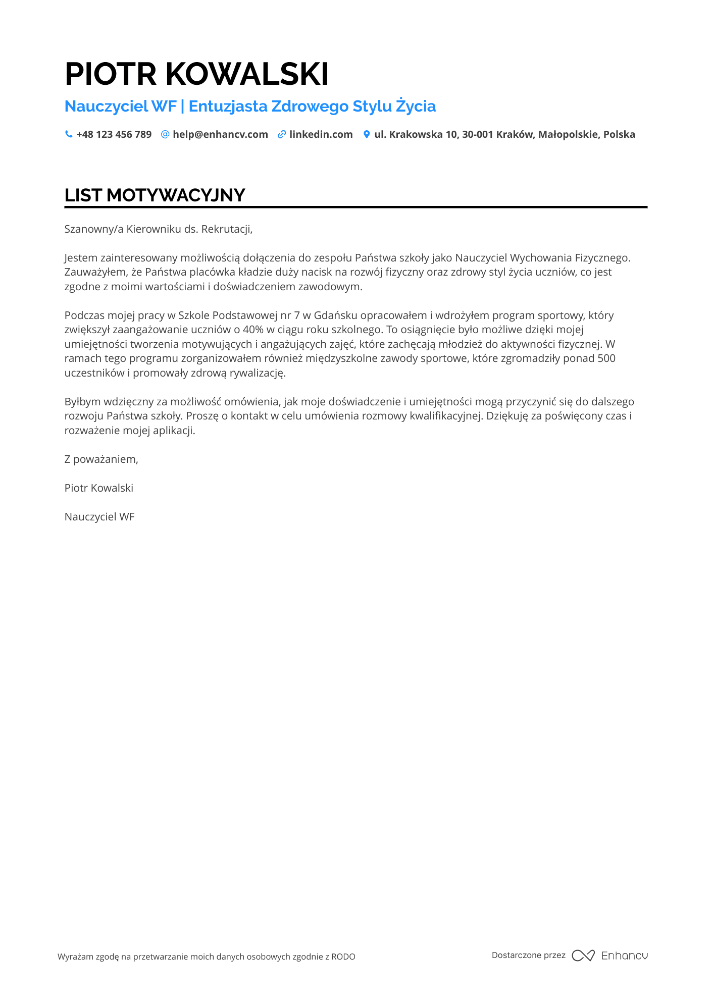 List motywacyjny dla Nauczyciel WF Resume Example