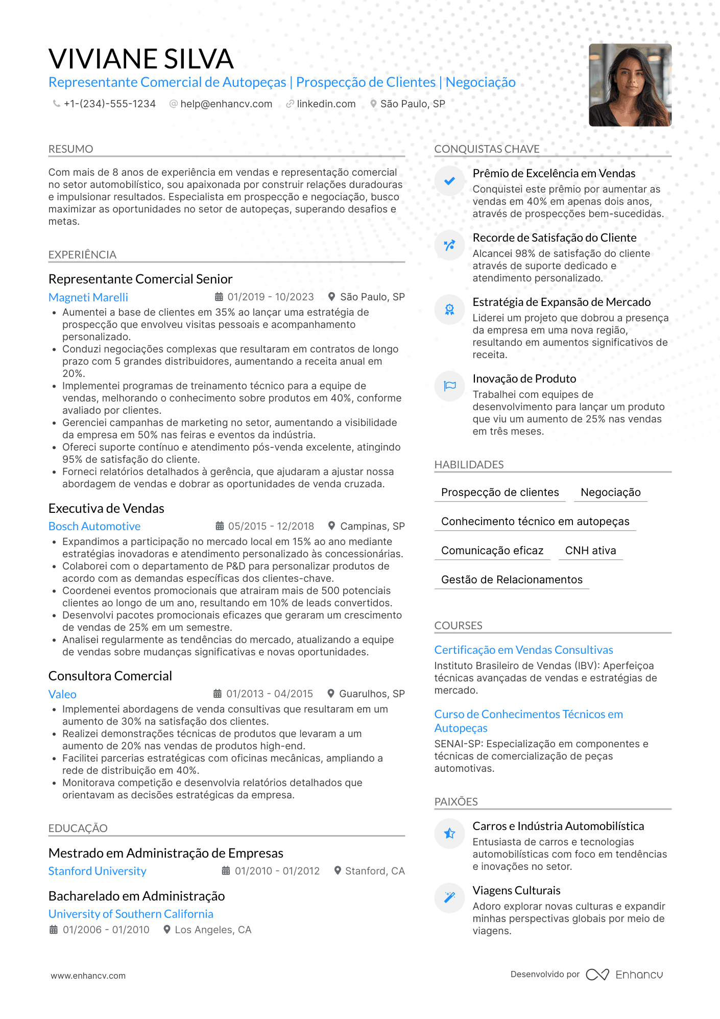 Representante comercial de autopeças Resume Example