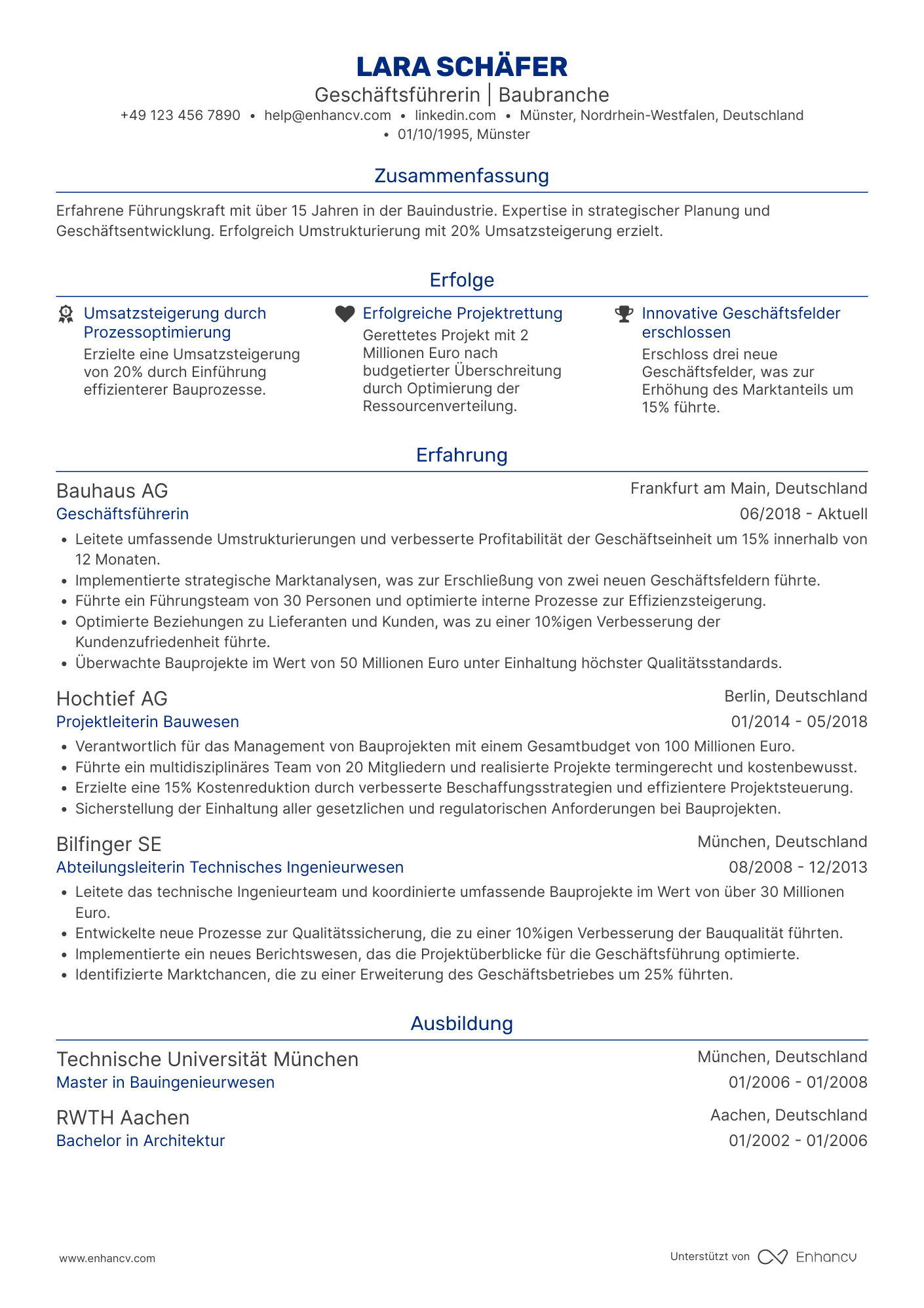 Lebenslauf in Geschäftsführer in der Baubranche Resume Example