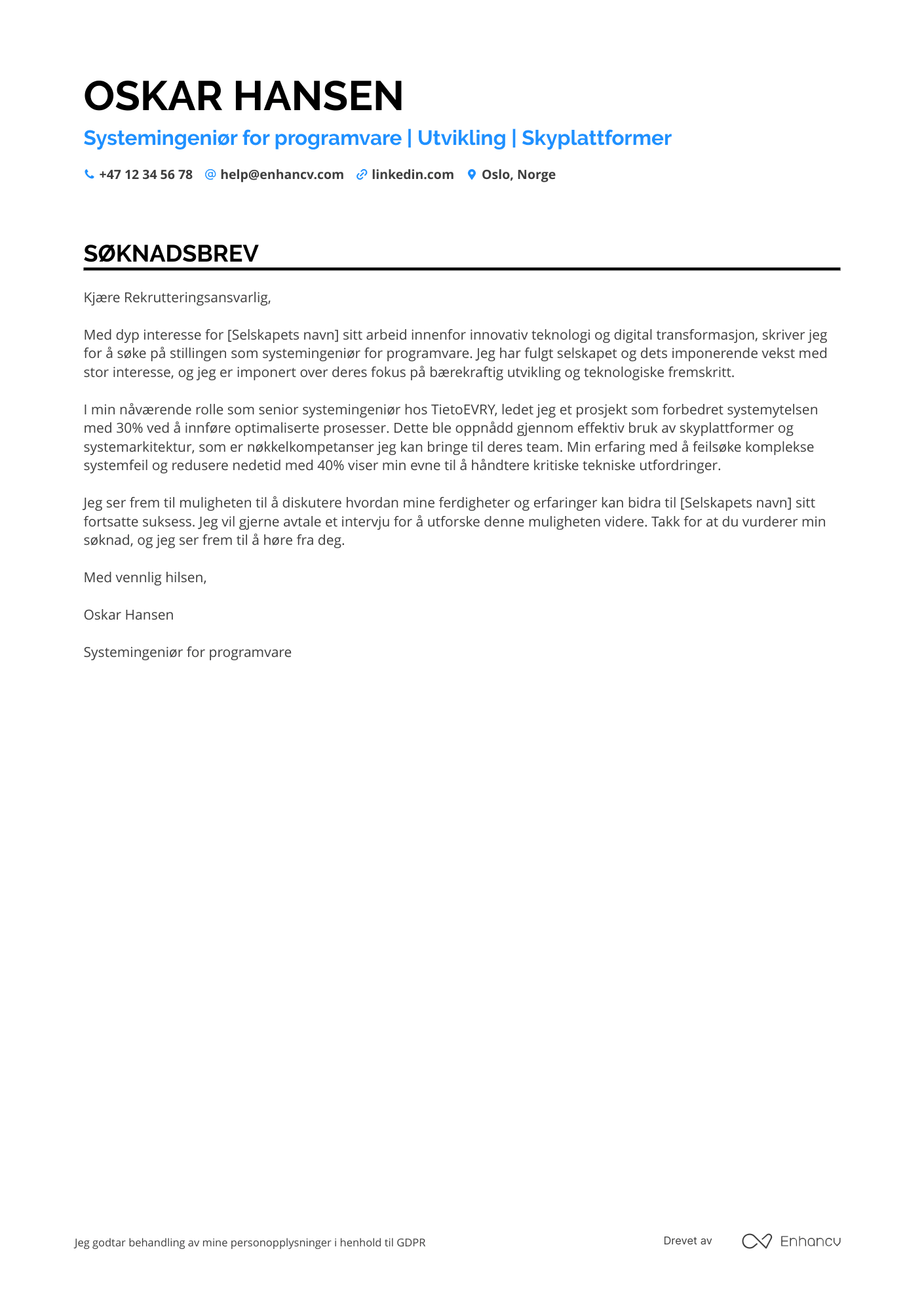 Søknadsbrev for Systemingeniør for programvare Resume Example